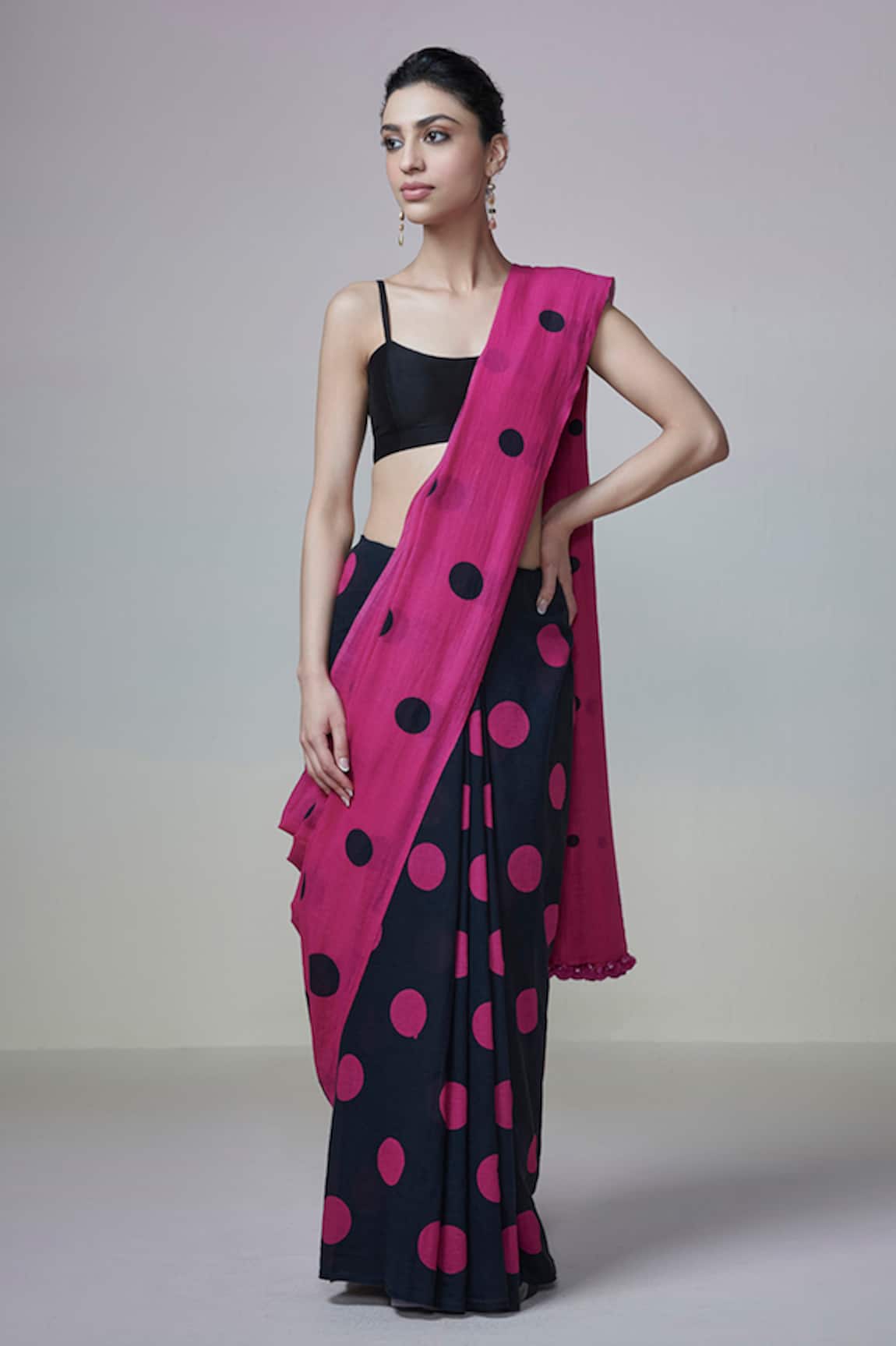 Dressfolk Polka Dot Handloom Cotton Saree with Running Blouse 
