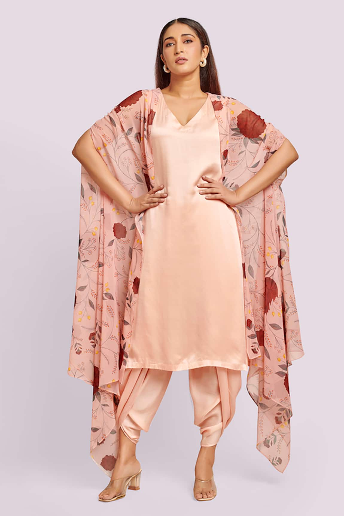 Blue Lotus Design Floral Print Cape & Kurta Set 