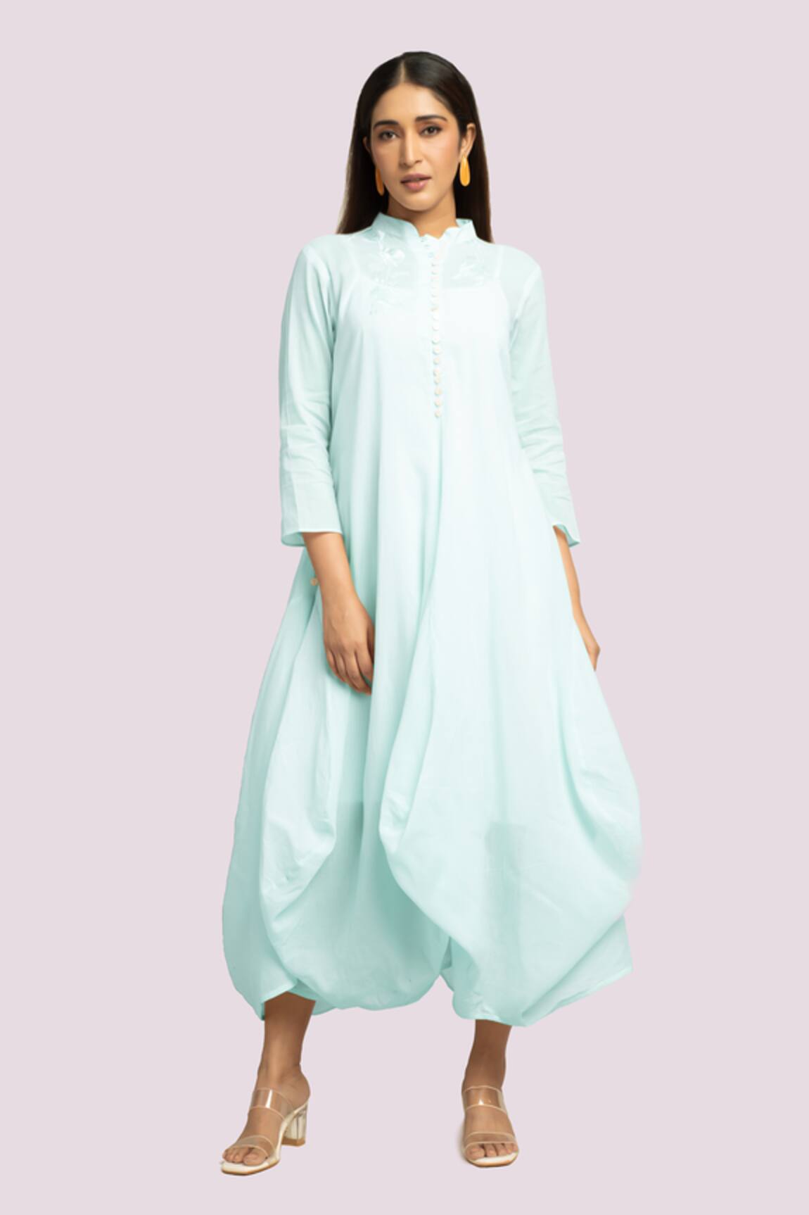 Blue Lotus Design Drape Dress With Embroidery 