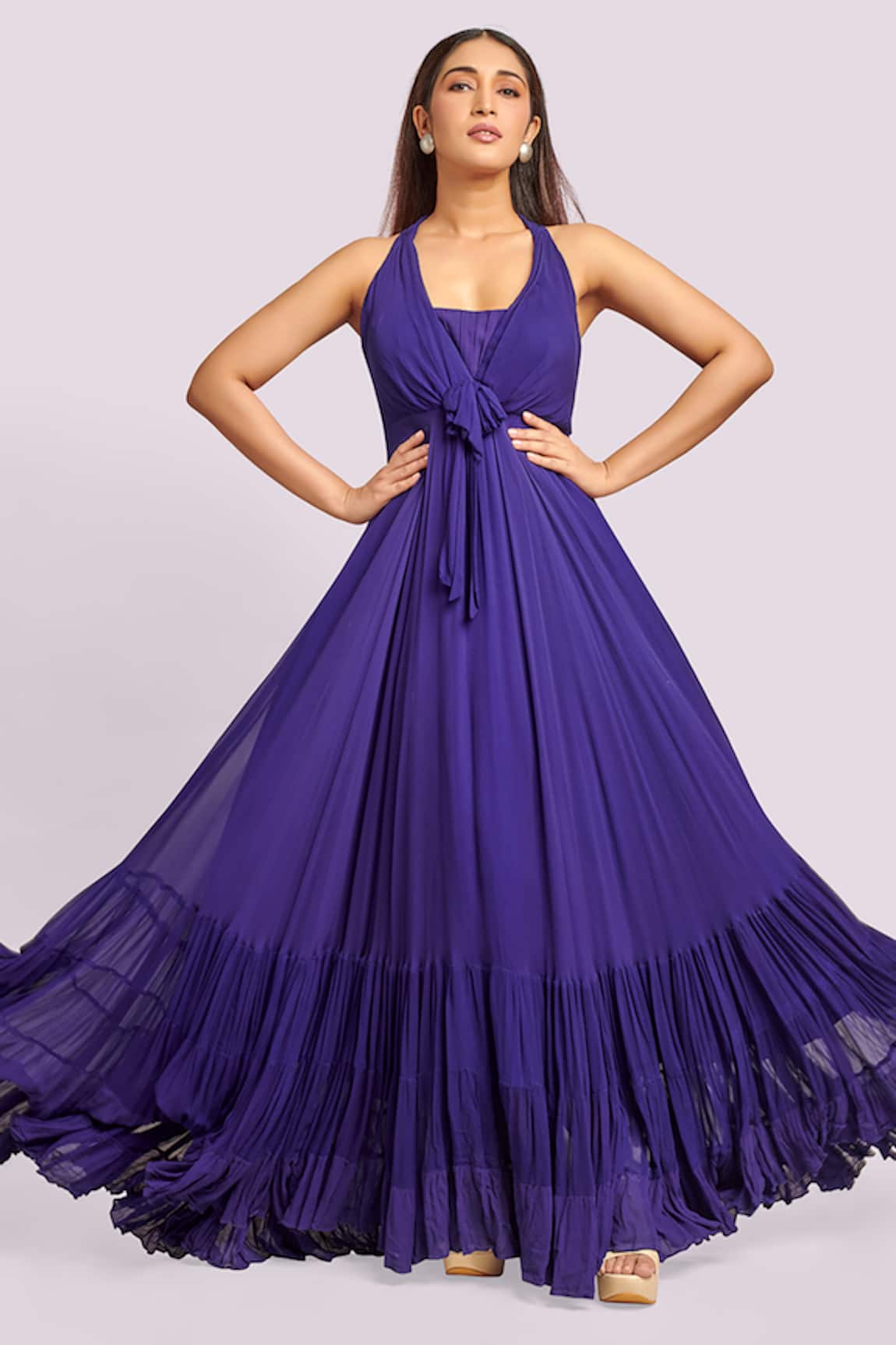 Blue Lotus Design Ruffled Halter Neck Maxi Dress 