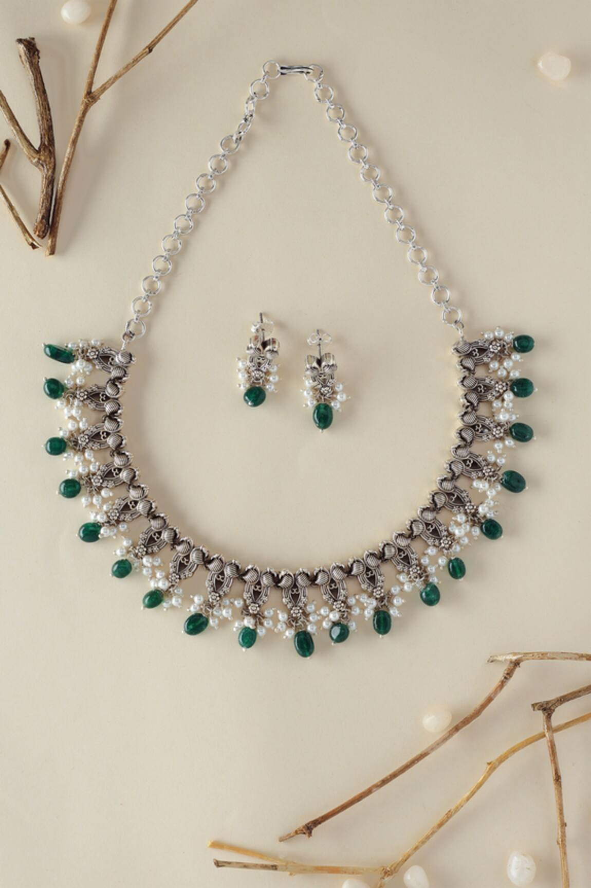 Mero Jewellery Silver Onyx Pearl Necklace Set 