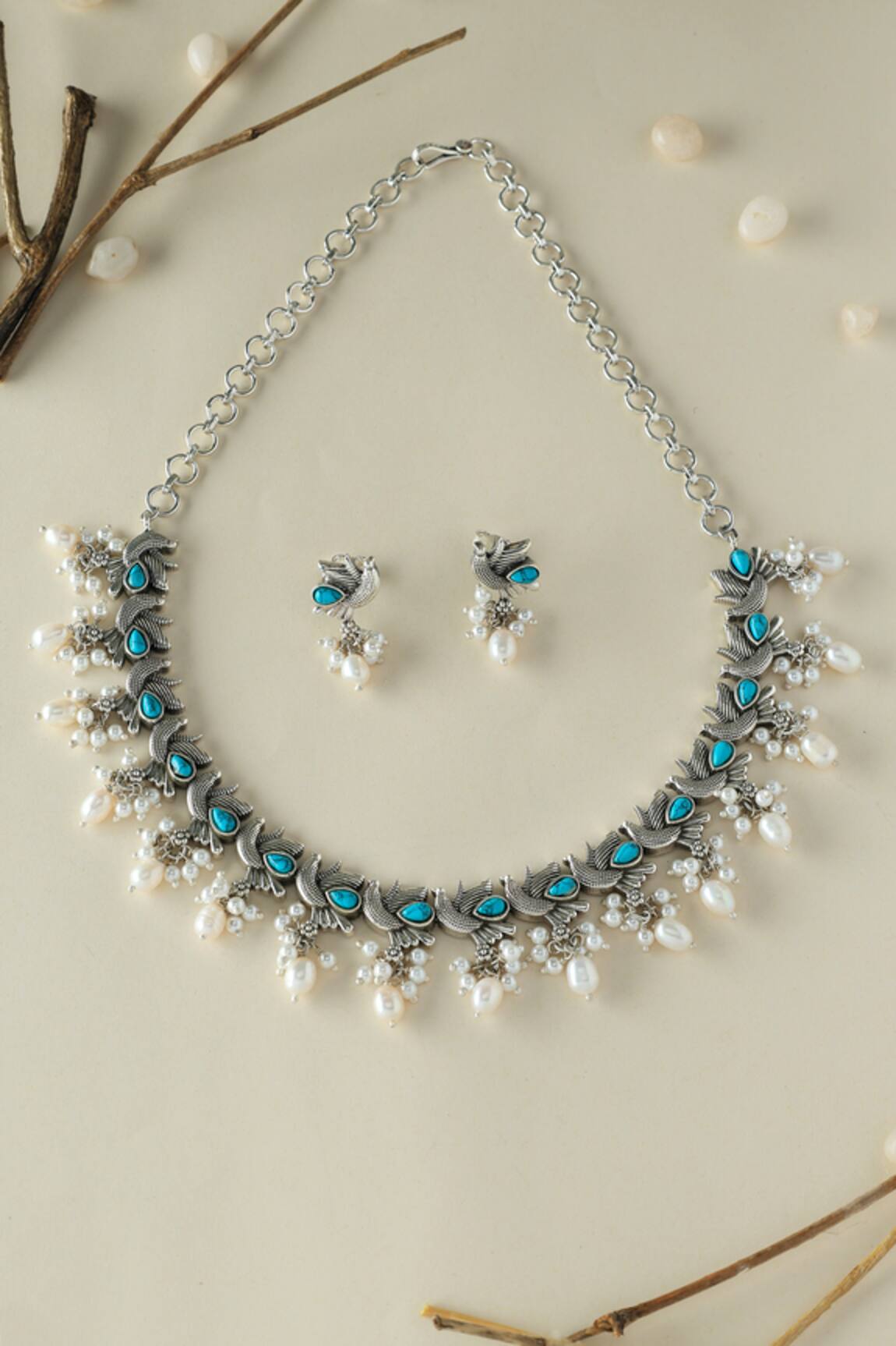 Mero Jewellery Turquoise Silver Bird Necklace Set 