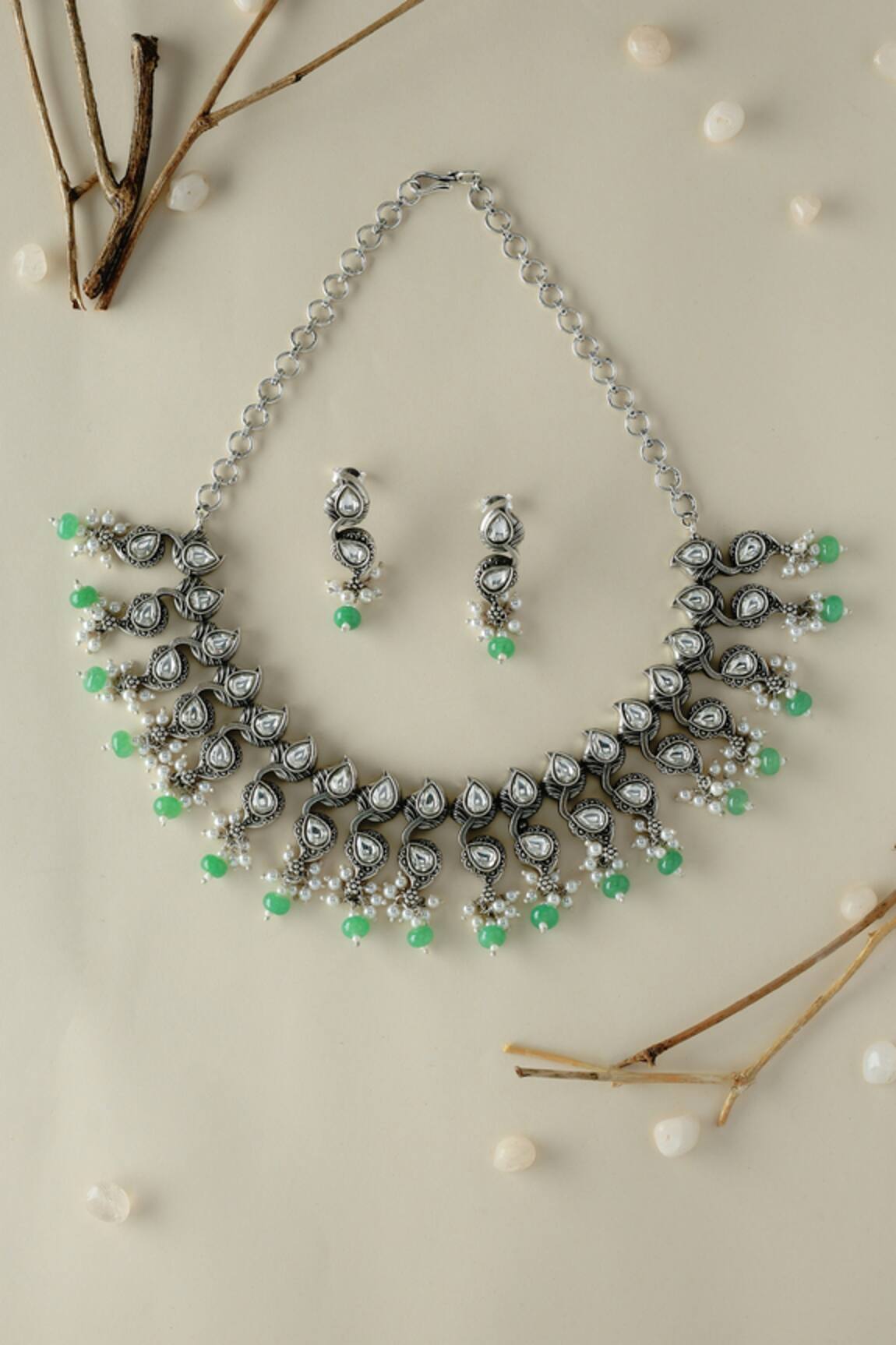 Mero Jewellery CZ Pearls & Green Beaded Necklace Set 