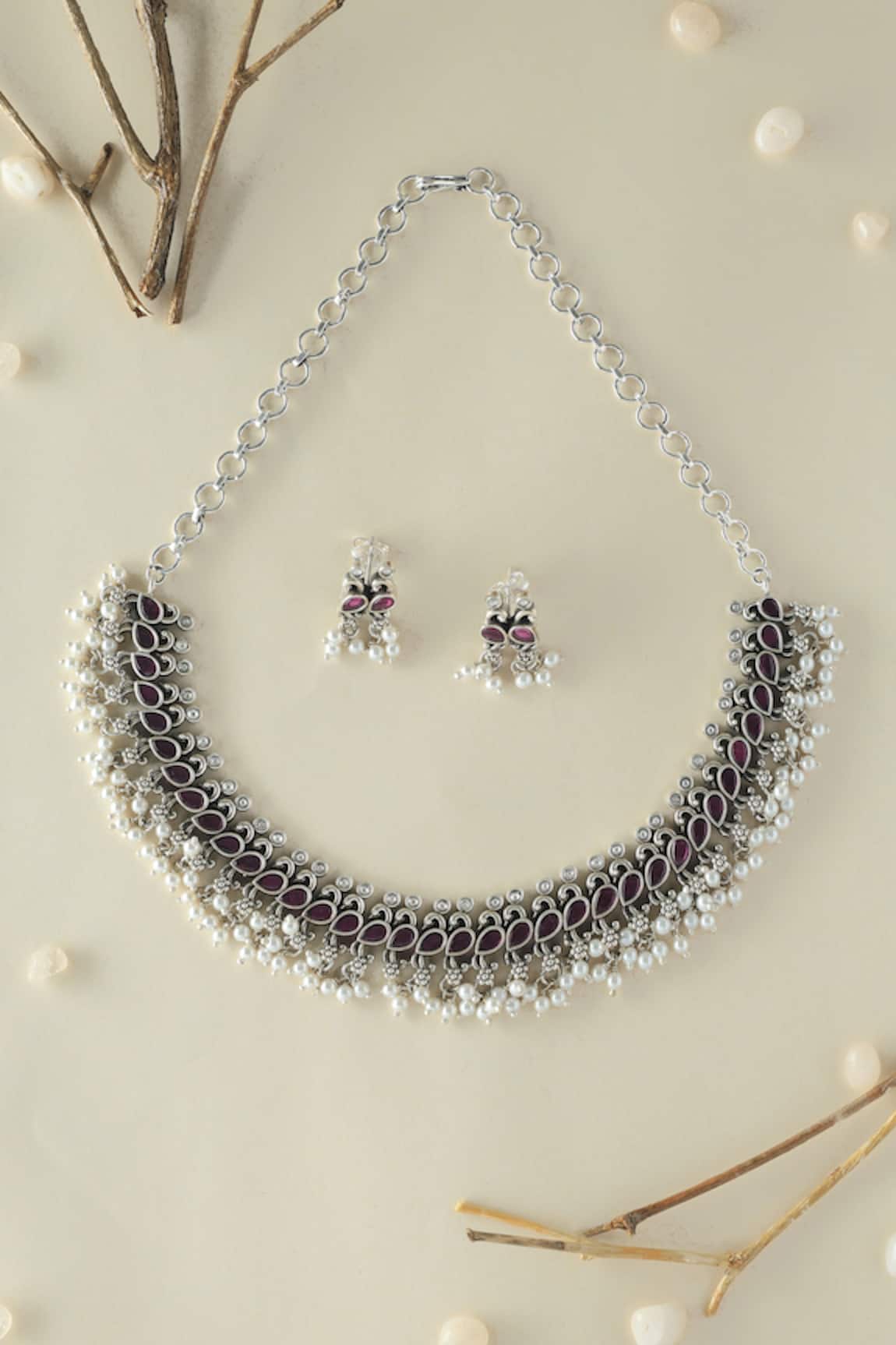 Mero Jewellery Handmade Silver Onyx Pearls Necklace Set 