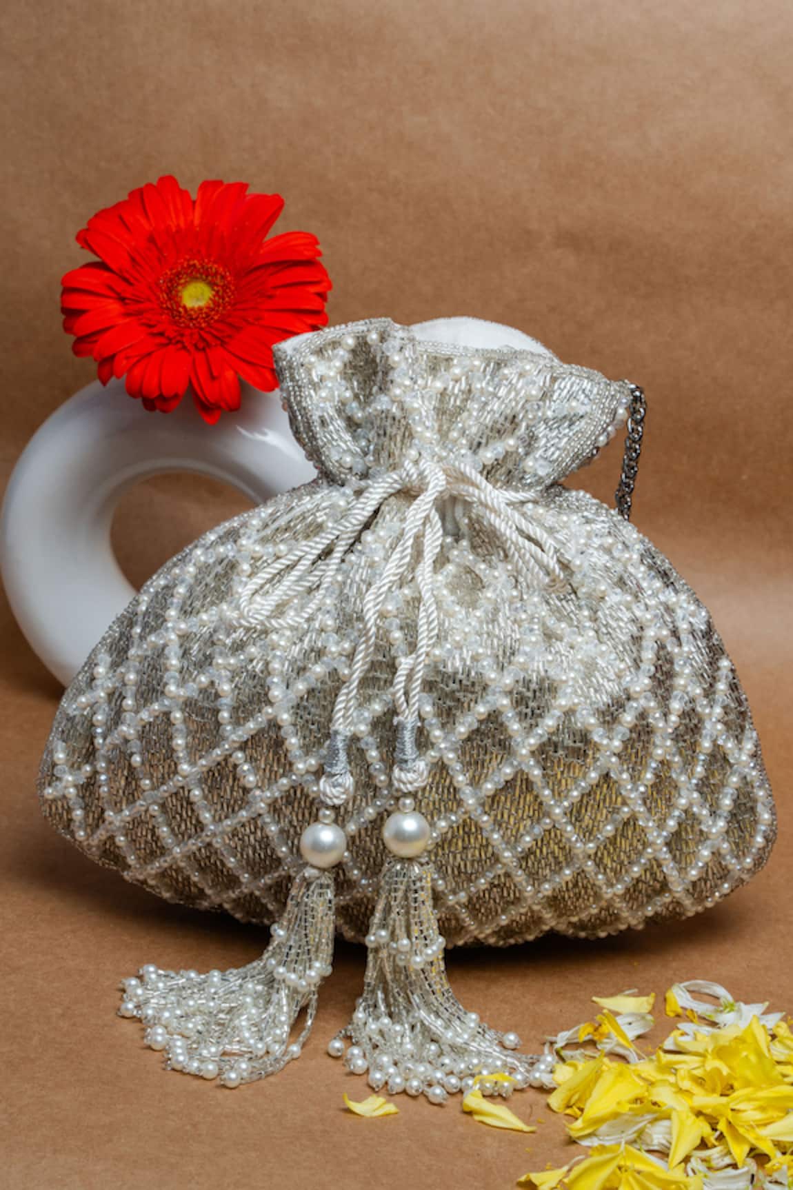 Nayaab By Sonia Cruzado White Velvet Potli Bag