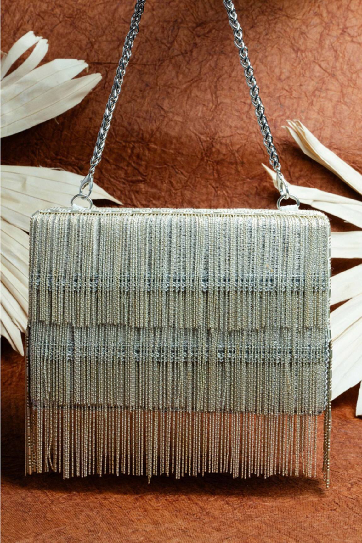 Nayaab By Sonia Silver Embroidered Box Clutch with Chains