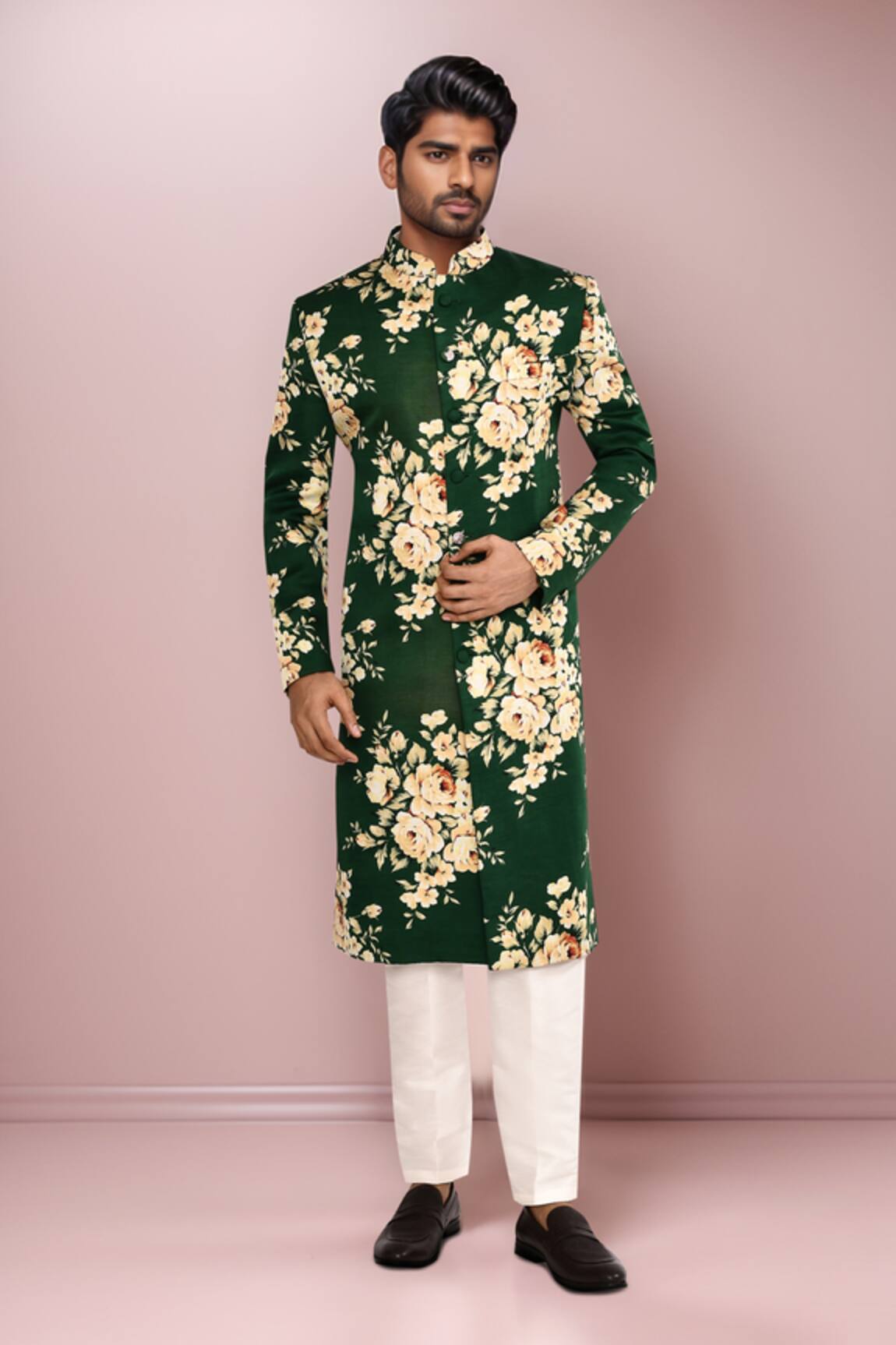 Arihant Rai Sinha Floral Printed Dark Green Sherwani 