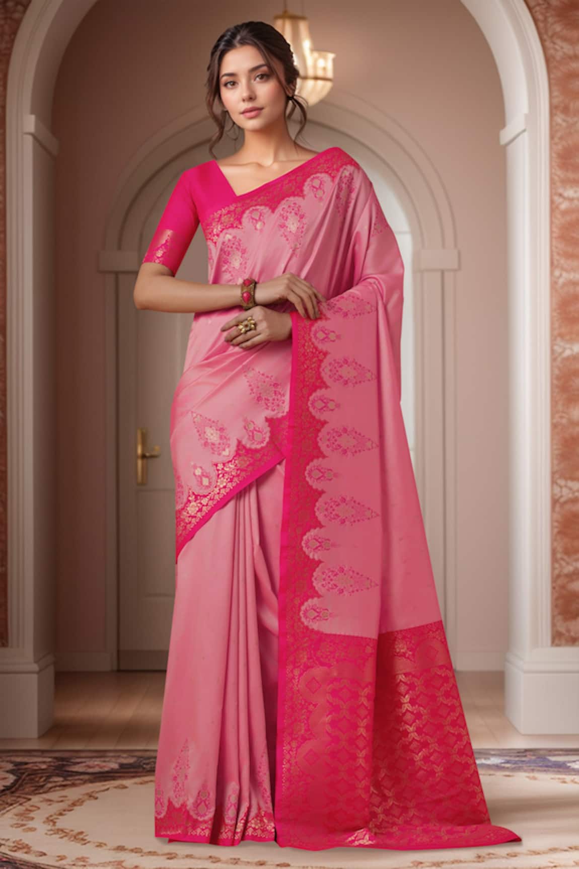Samyukta Singhania Light Pink Zari Woven Banarasi Saree Set 