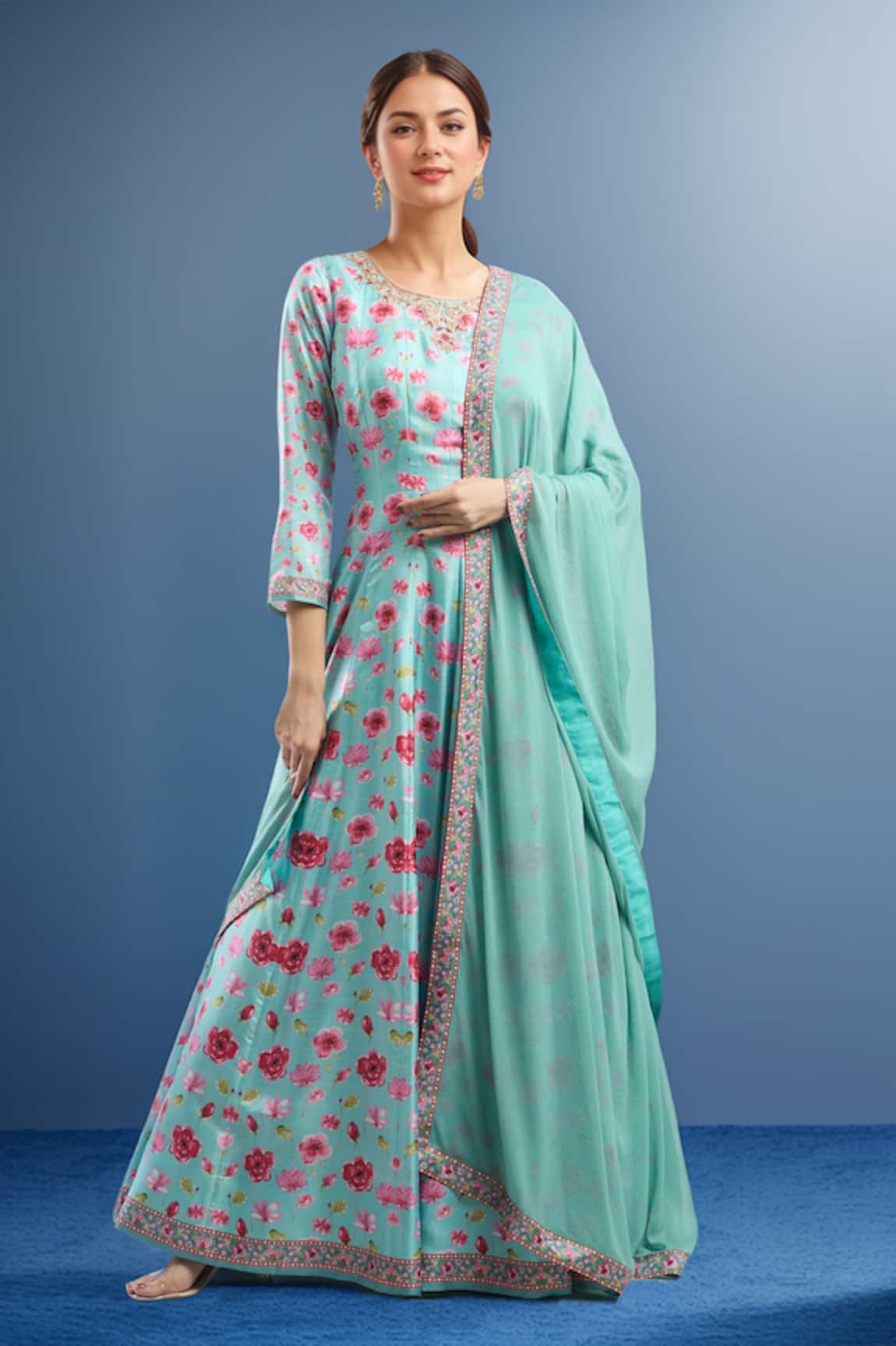 Samyukta Singhania Sky Blue Floral Anarkali Set 