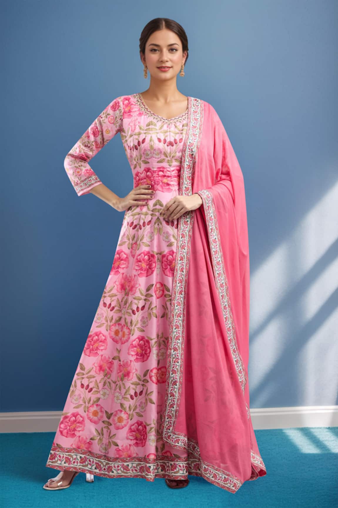 Samyukta Singhania Pink Floral Anarkali With Dupatta 
