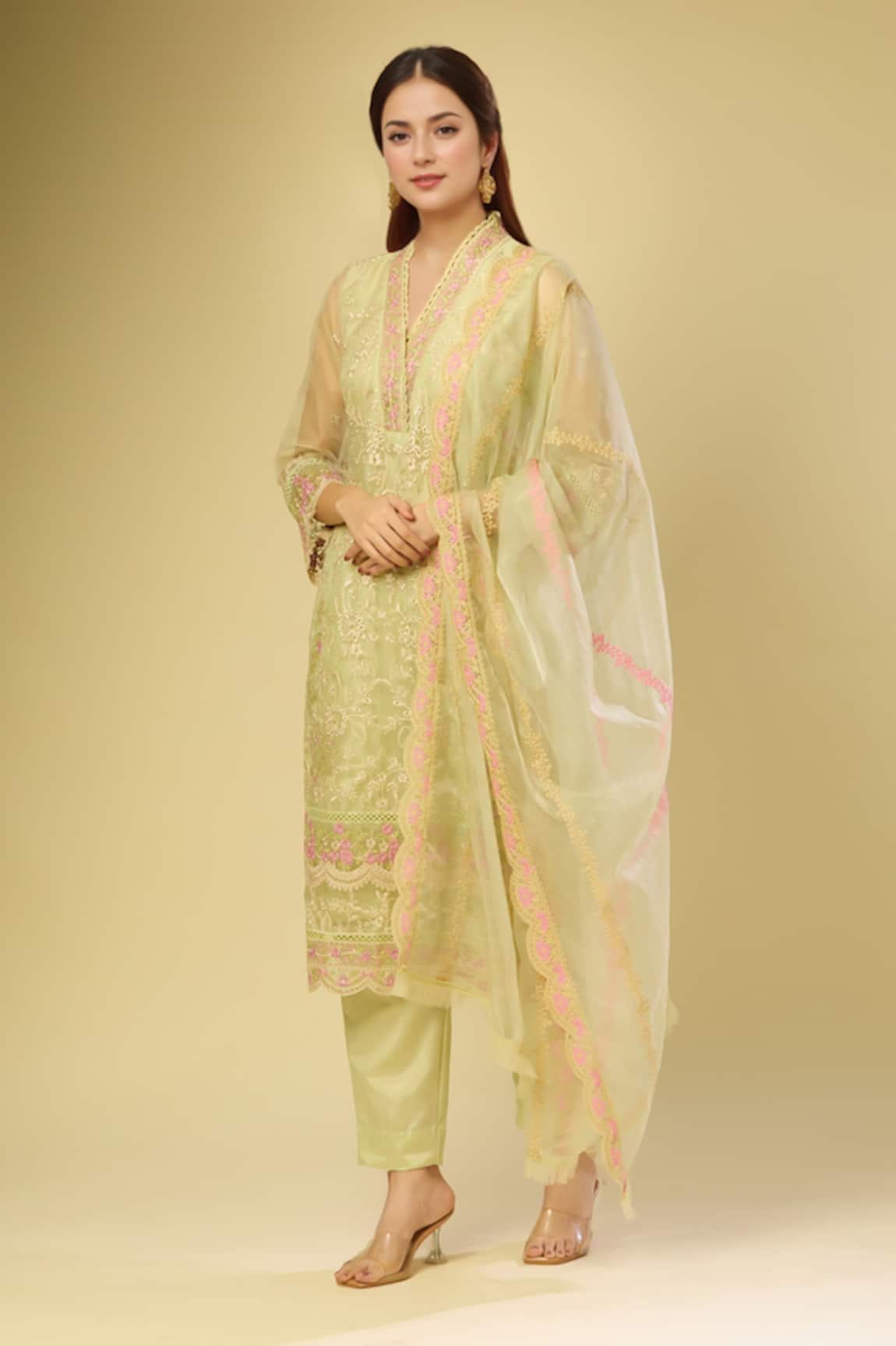 Samyukta Singhania Pista Green Embroidered Kurta Set 