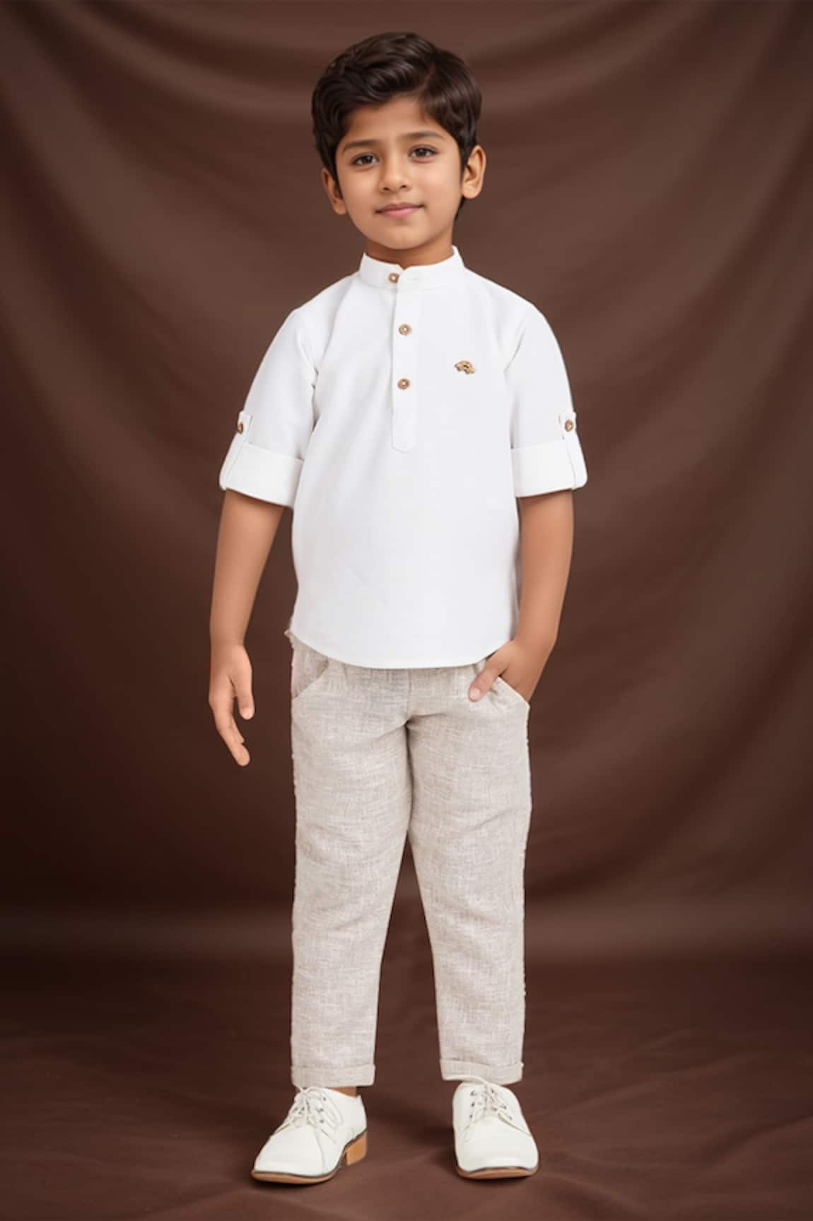 Petite Pomme Boys White Short Kurta Set With Beige Pants 