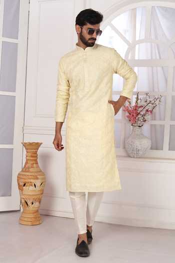 Arihant Rai Sinha Embroidered Yellow Kurta & Cream Aligadhi Pant 