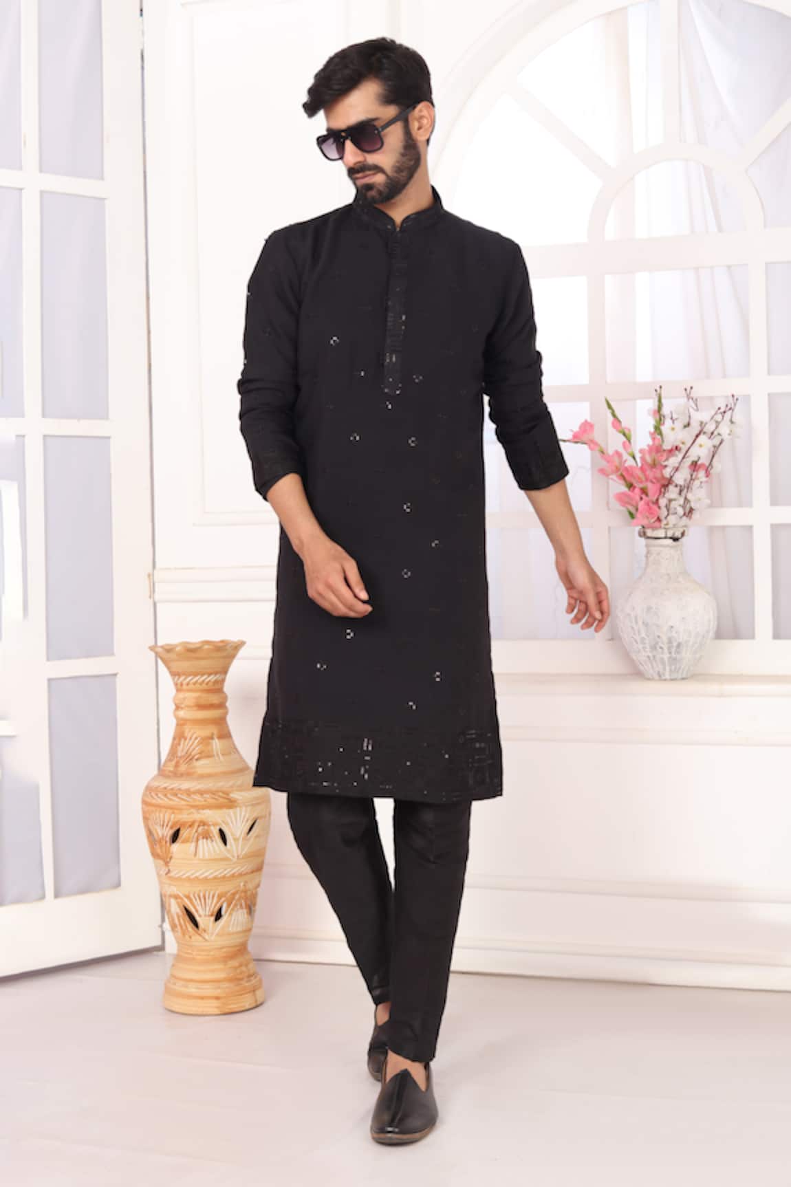 Arihant Rai Sinha Black Embroidered Art Silk Straight Kurta 