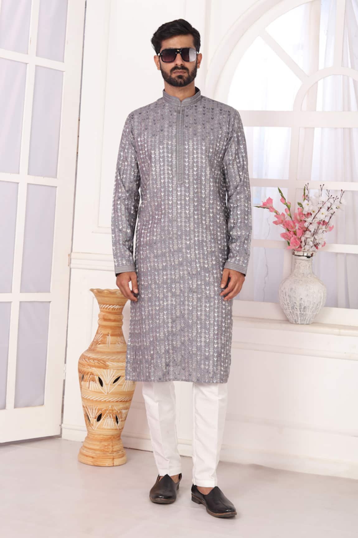 Arihant Rai Sinha Grey Embroidered Art Silk Straight Kurta 