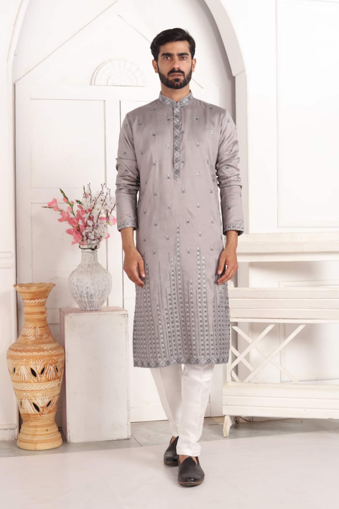 Arihant Rai Sinha Grey Embroidered Art Silk Straight Kurta 