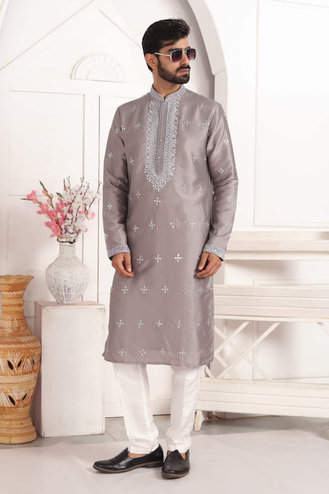 Arihant Rai Sinha Grey Banarasi Silk Straight Kurta 