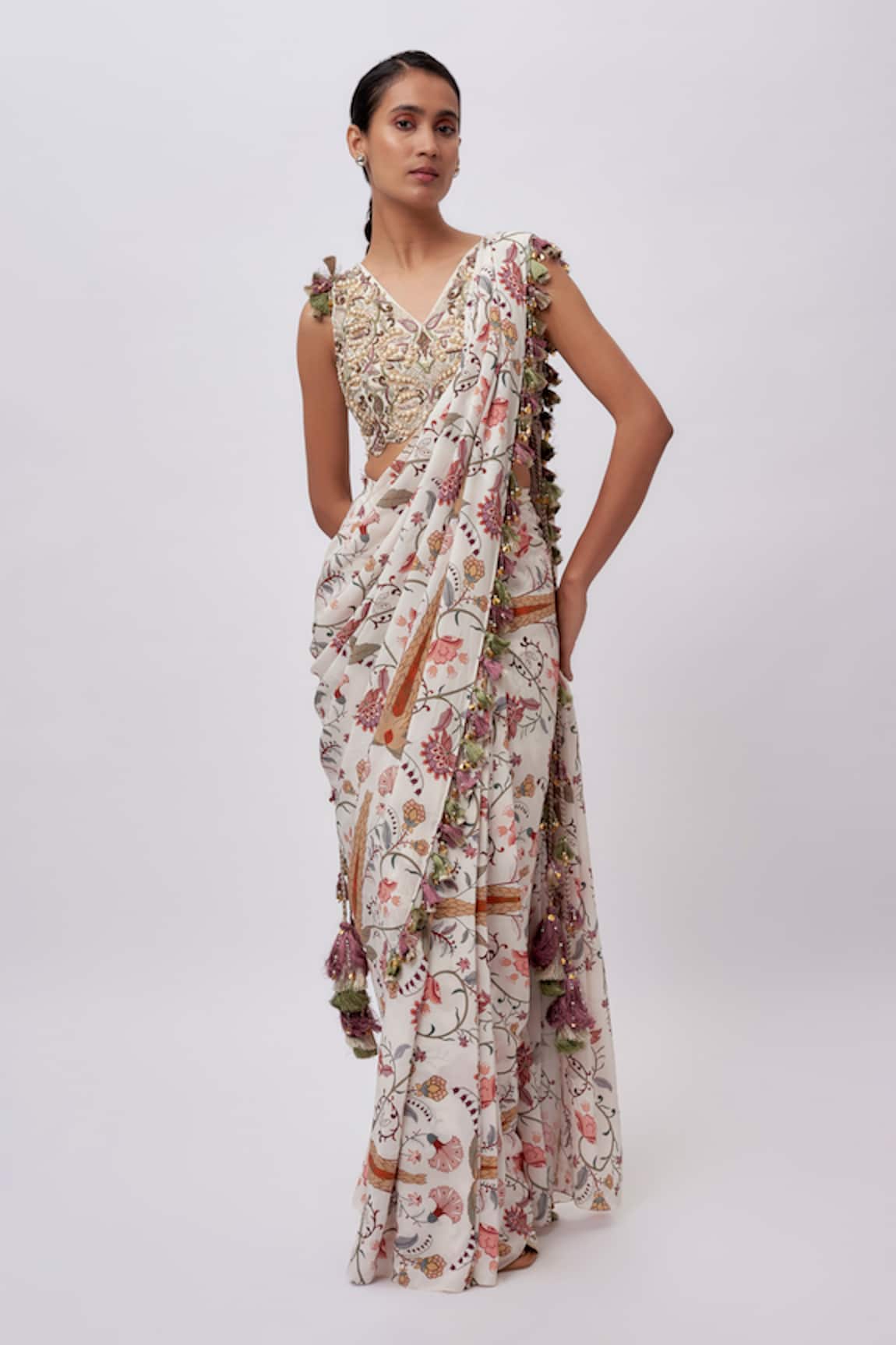 Payal Singhal Embroidered Choli & Printed Pre-Stitched Saree 