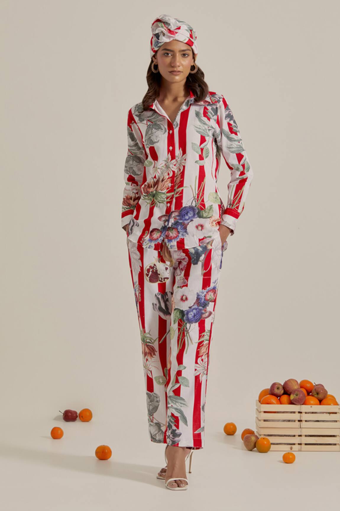 Chrkha Red Striped Printed Top & Pant Set