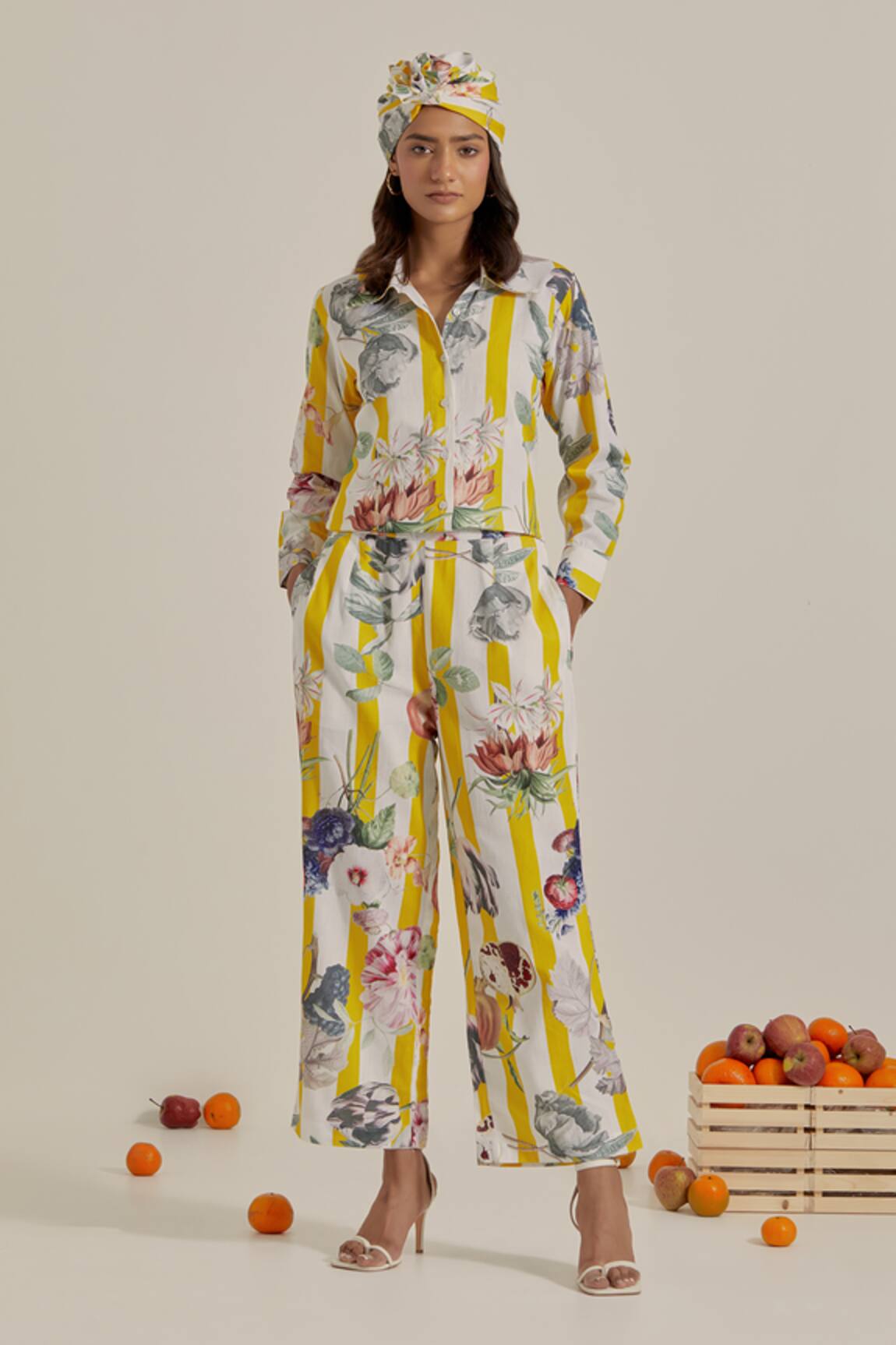 Chrkha Floral Striped Cotton Linen Co-Ord Set