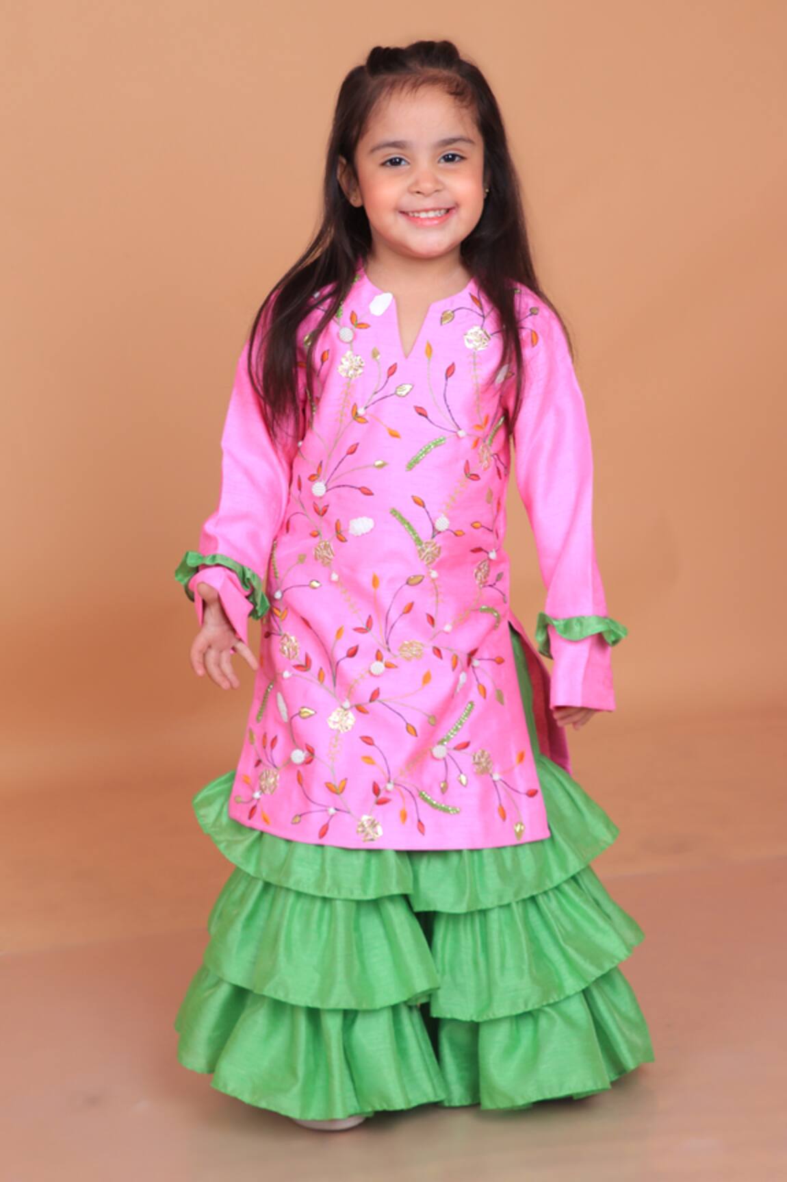 Turqidz By Shweta Aggarwal Embroidered Pink Kurti & Green Ruffle Sharara 