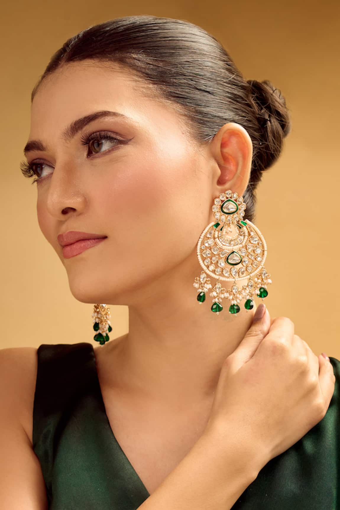 Samyukta Singhania Golden & Green Dangler Earrings 