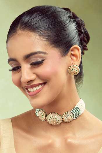 Nazaakat By Samara Singh Creme & Green Beaded Jewellery Set 