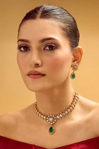 Nazaakat By Samara Singh Dark Green Brass Necklace & Earring Set 