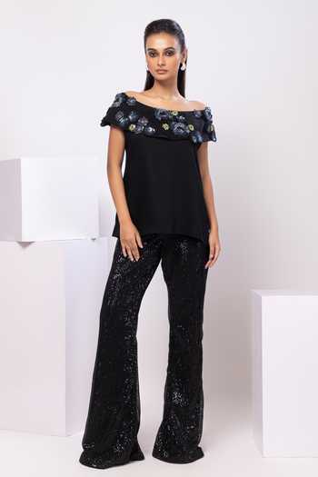 Smriti By Anju Agarwal Off-Shoulder Floral Applique Pant Set 