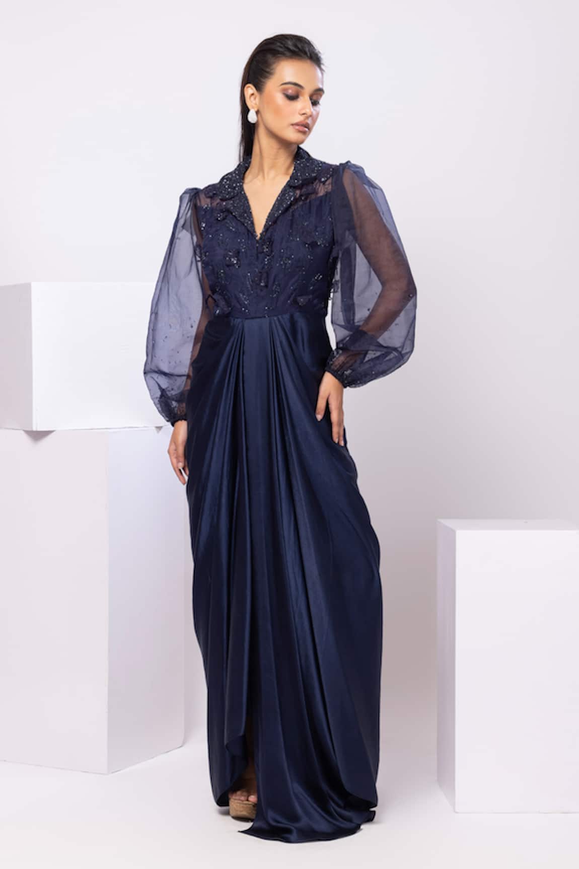 Smriti By Anju Agarwal Willow Collared Navy Maxi Dress 