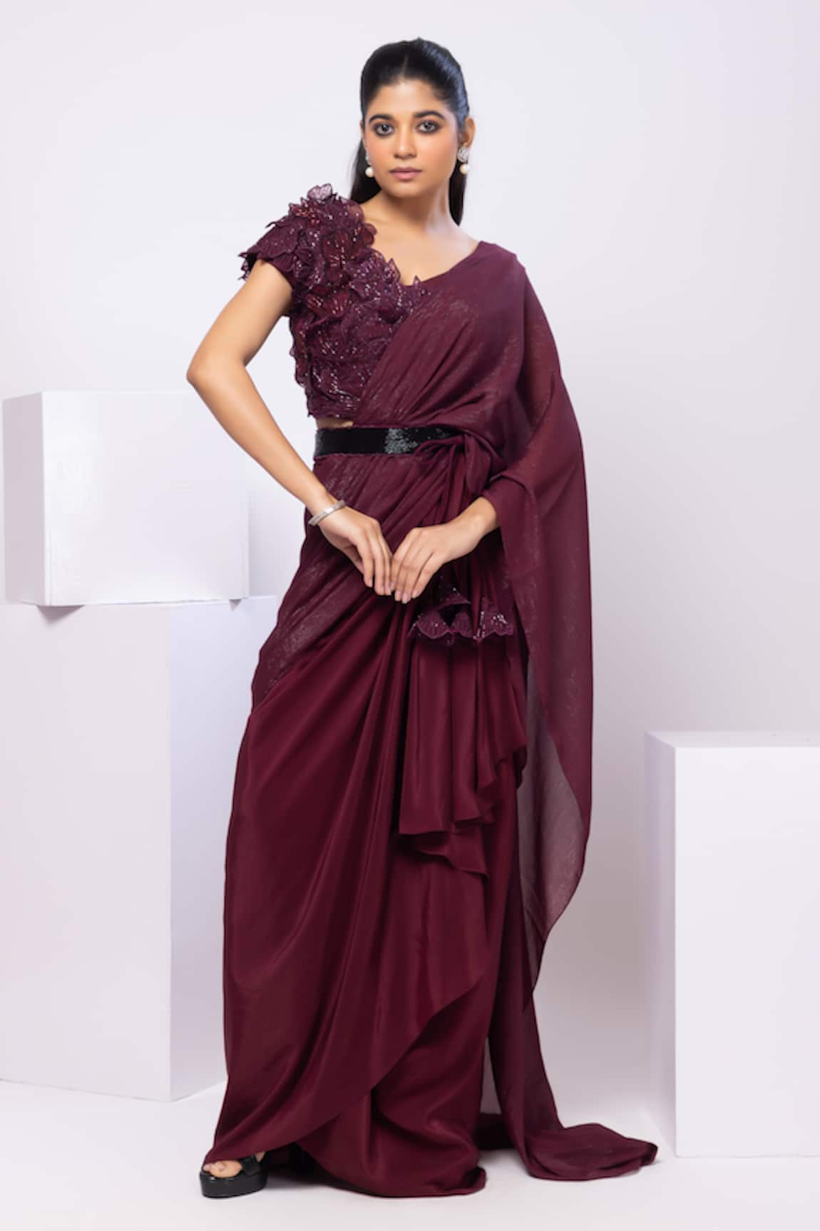 Smriti By Anju Agarwal Wine 3D Floral Blouse & Drape Saree Set 