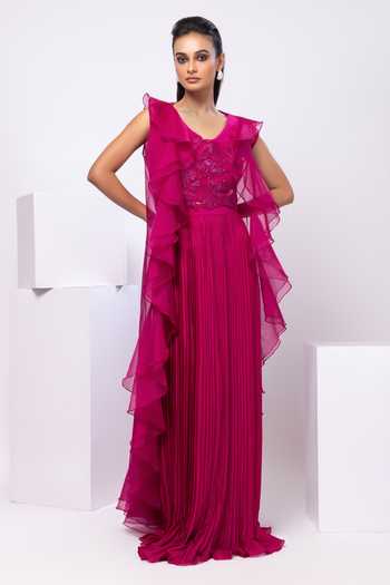 Smriti By Anju Agarwal Fuchsia Pink Grace Ruffled Jacket Set 