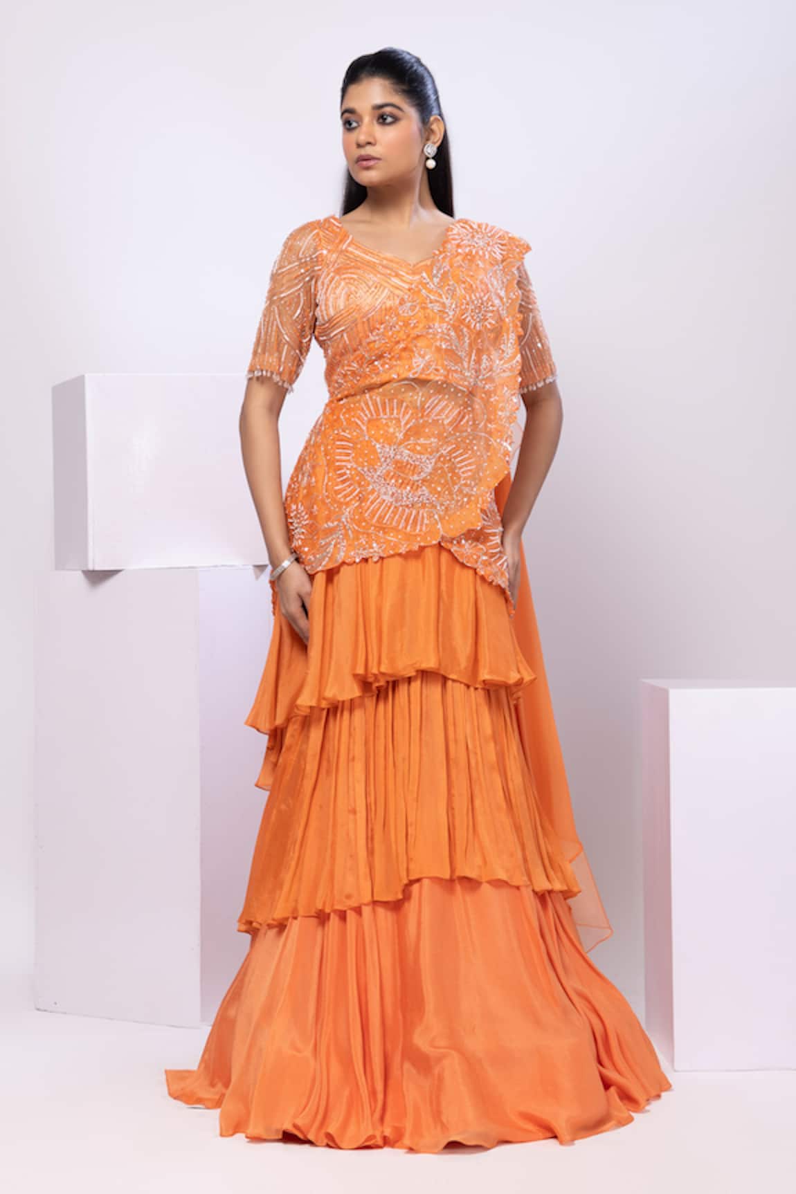 Smriti By Anju Agarwal Crystal Orange Lehenga Set