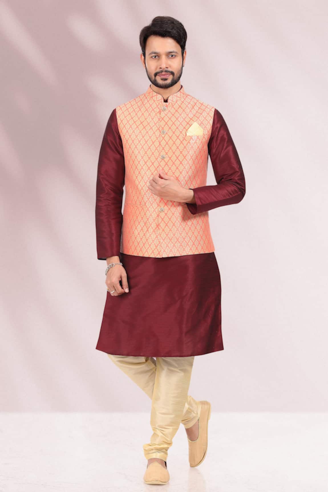 Arihant Rai Sinha Maroon & Peach Bundi Kurta Set 