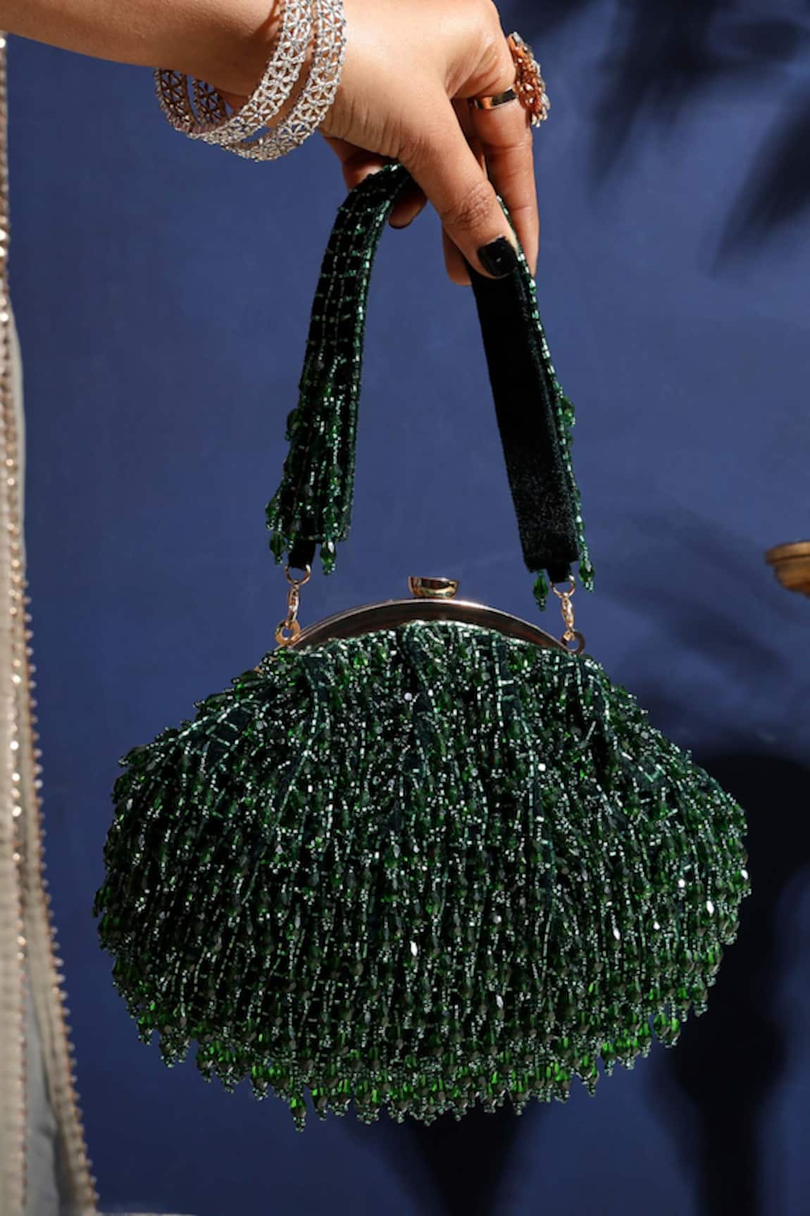 Nazaakat By Samara Singh Green Velvet Hand-Embellished Clutch Bag