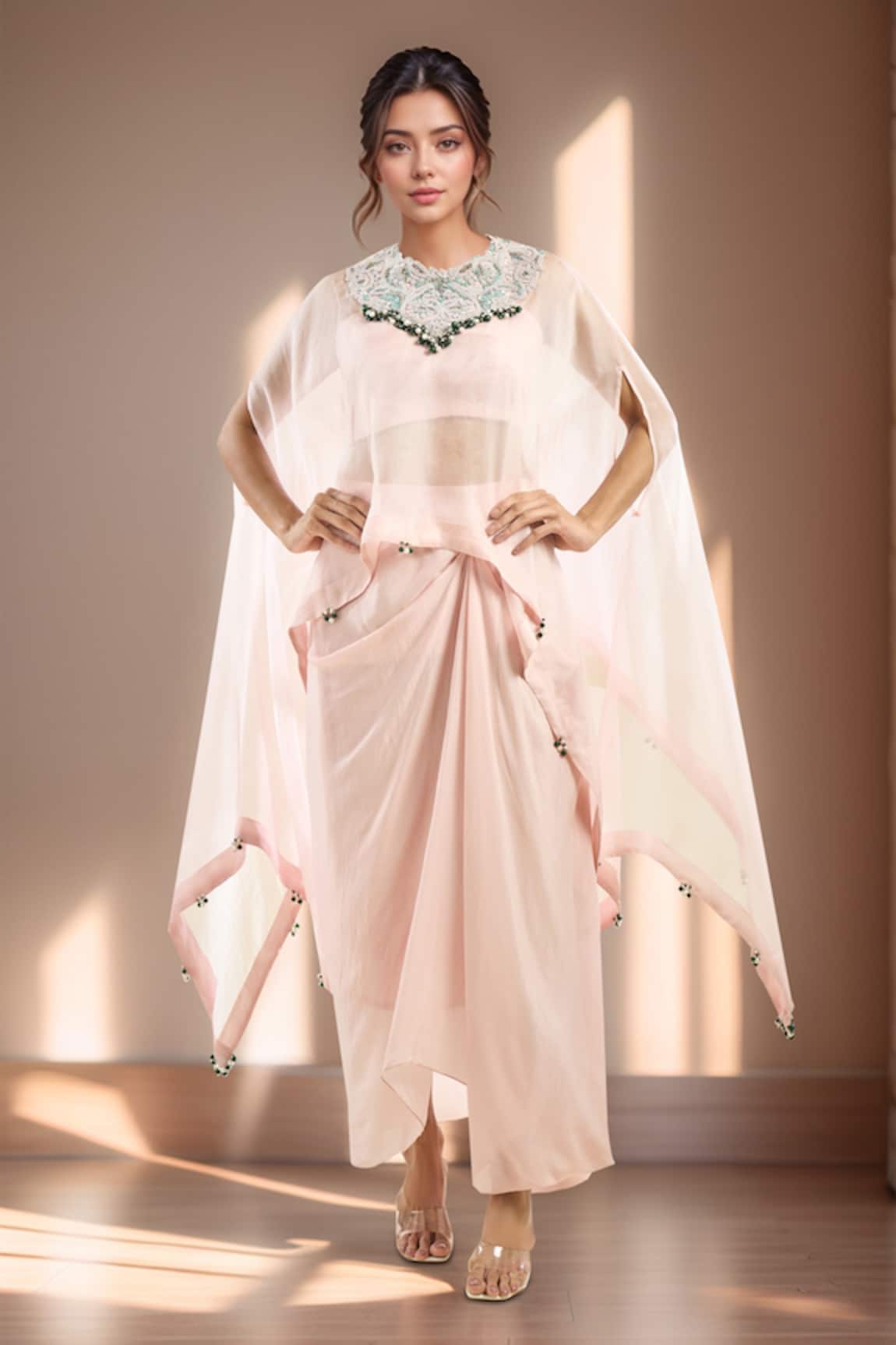 Prisho Dori Yoke Embroidered Kaftan Skirt Set 