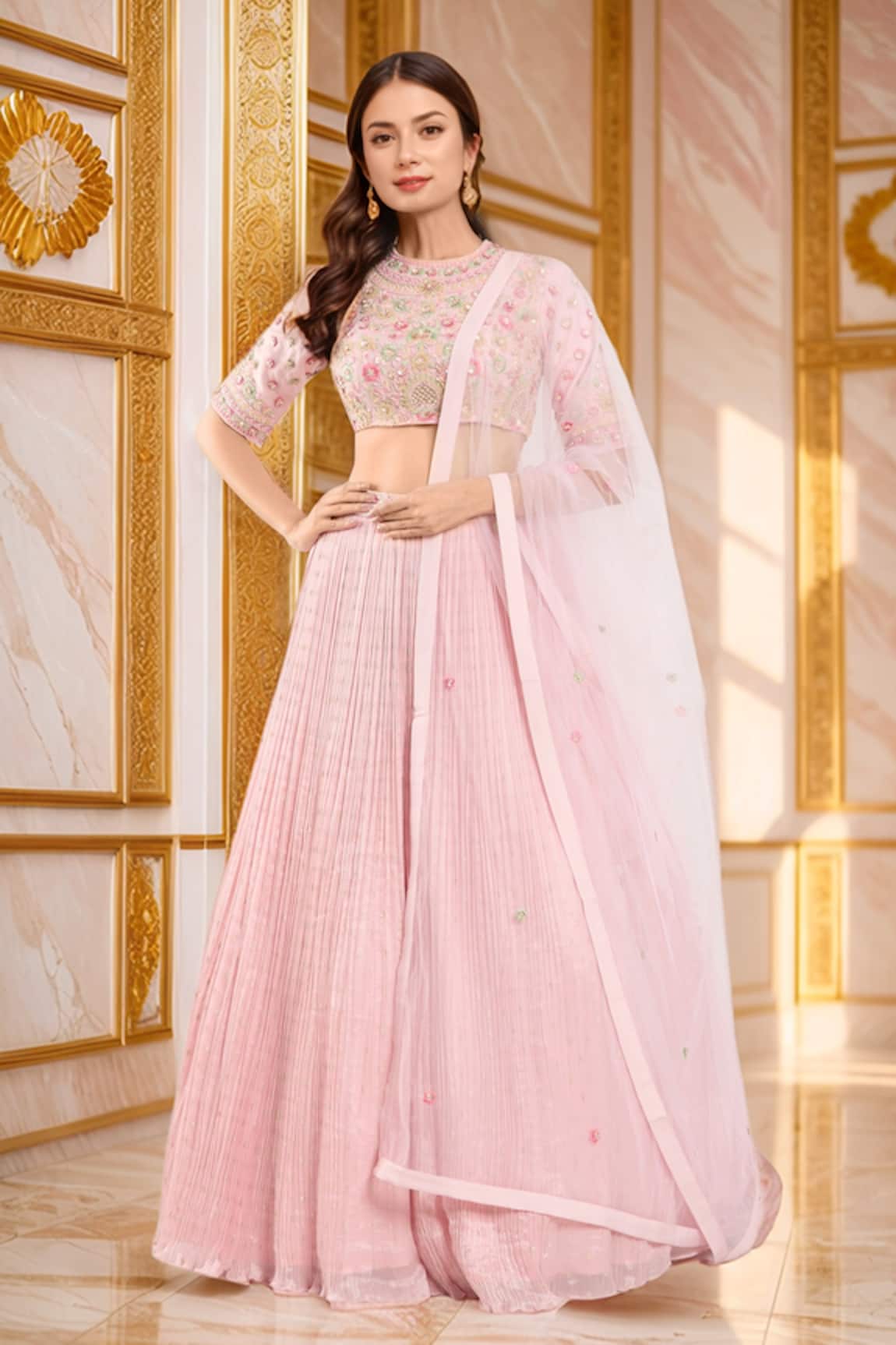 Samyukta Singhania Floral Embroidered Baby Pink Lehenga Set 