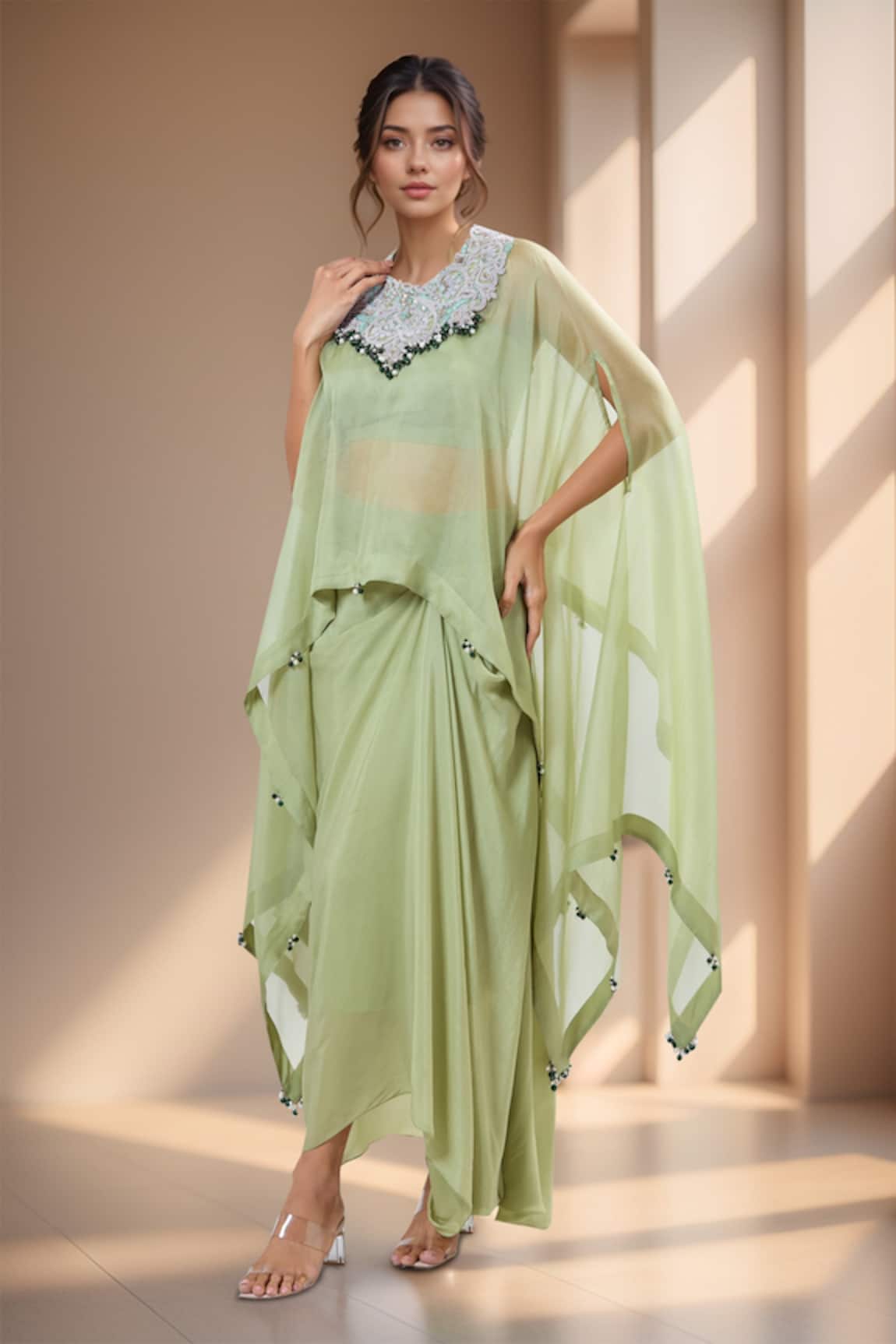 Prisho Green Dori Embroidered Cape Set 