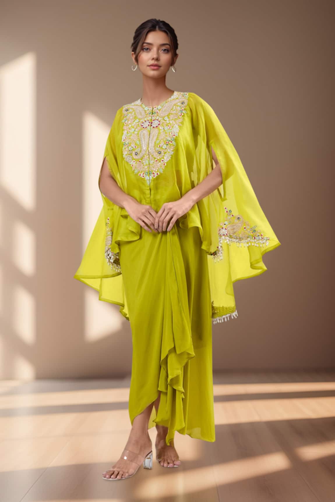Prisho Embroidered Green Cape & Draped Skirt Set 