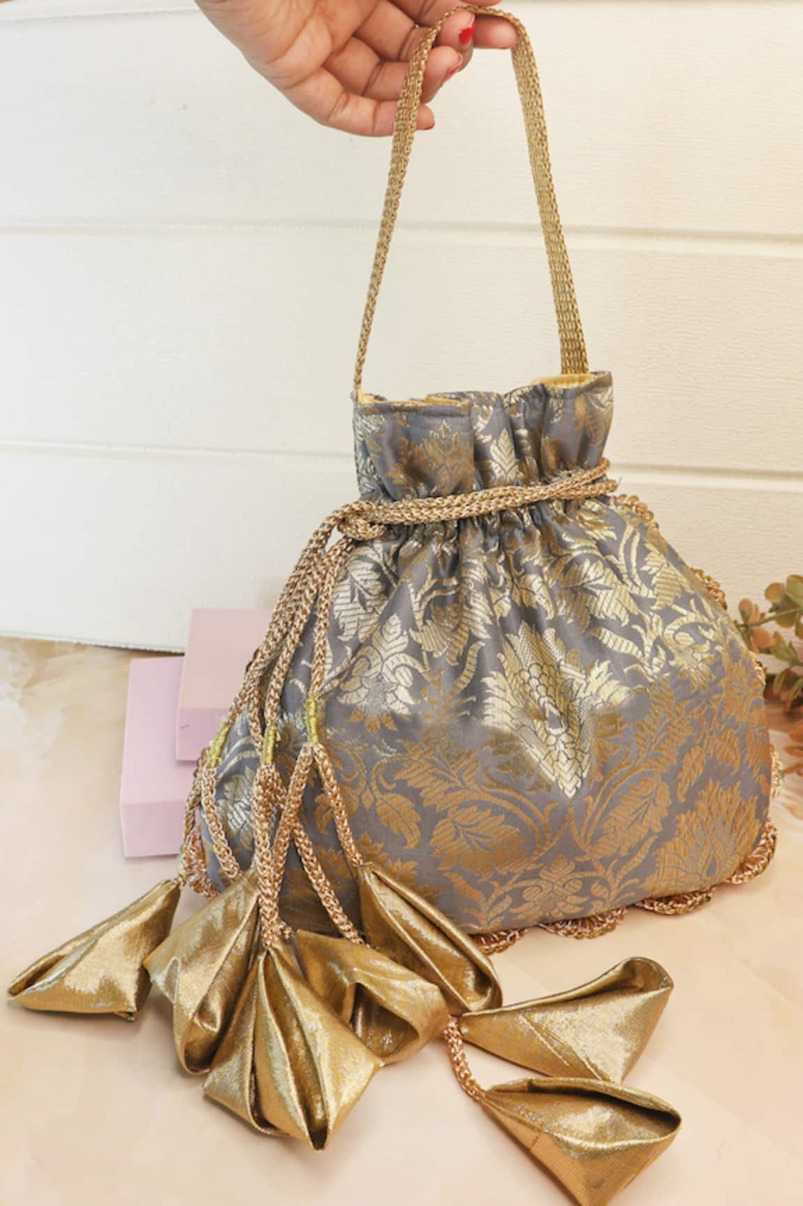 Soho Boho Studio By Aarti Thakur Designer Grey Banarasi Silk Potli Bag