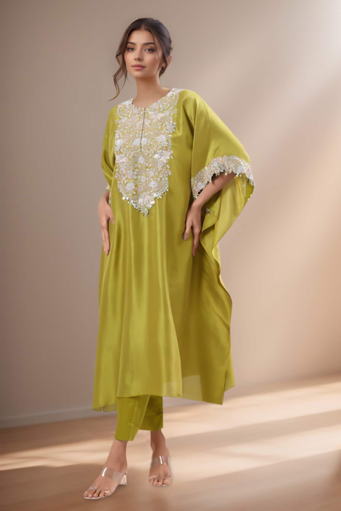 Prisho Embroidered Green Kaftan & Pant Set 