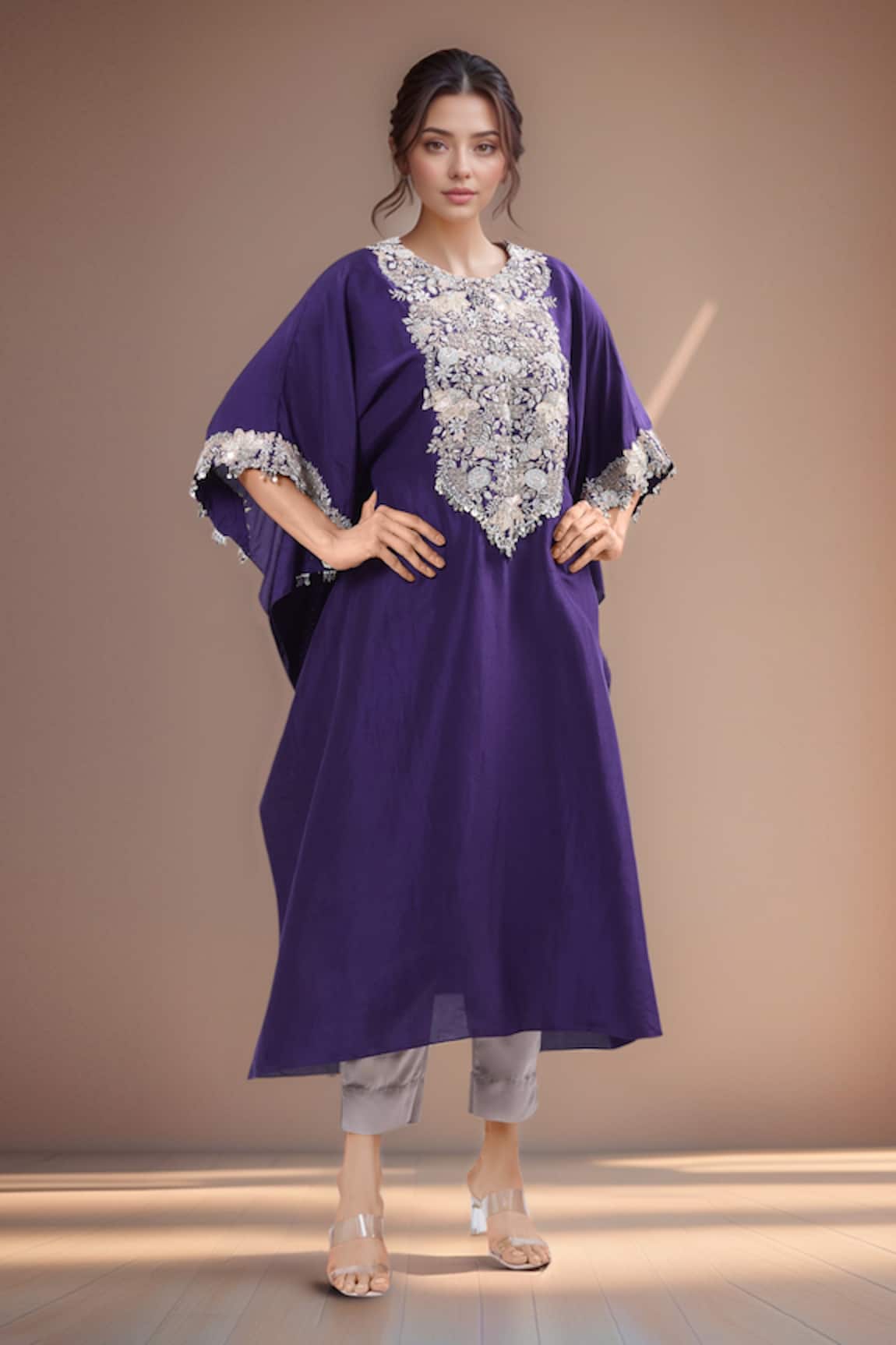 Prisho Purple Lampi Embroidered Kaftan & Pant Set 