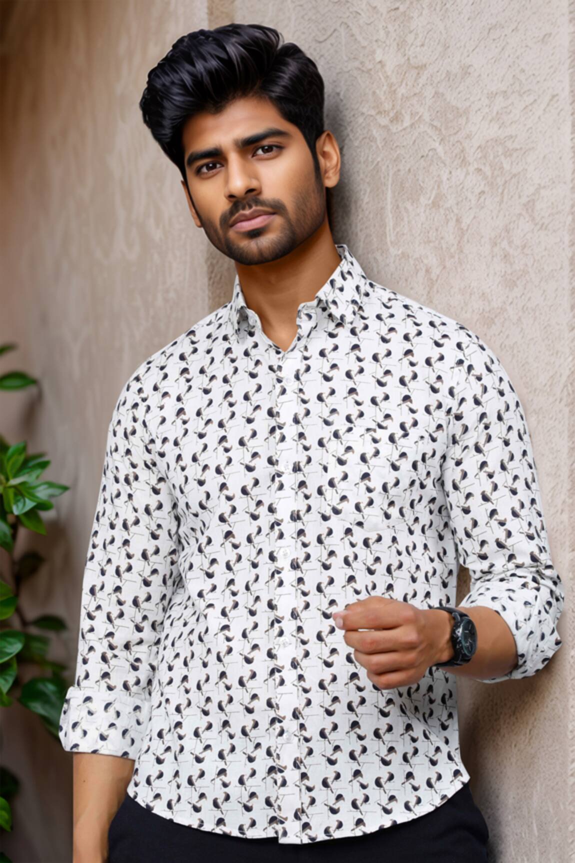 Aryavir Malhotra Bird Print Collared Cotton Shirt 