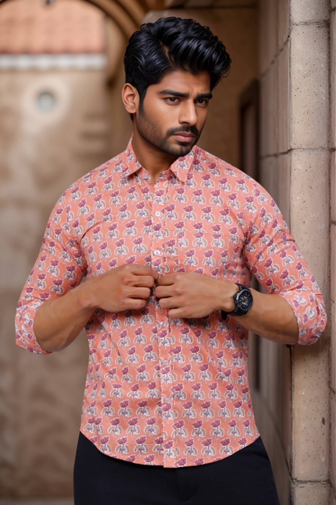 Aryavir Malhotra Lotus Print Collared Cotton Shirt 
