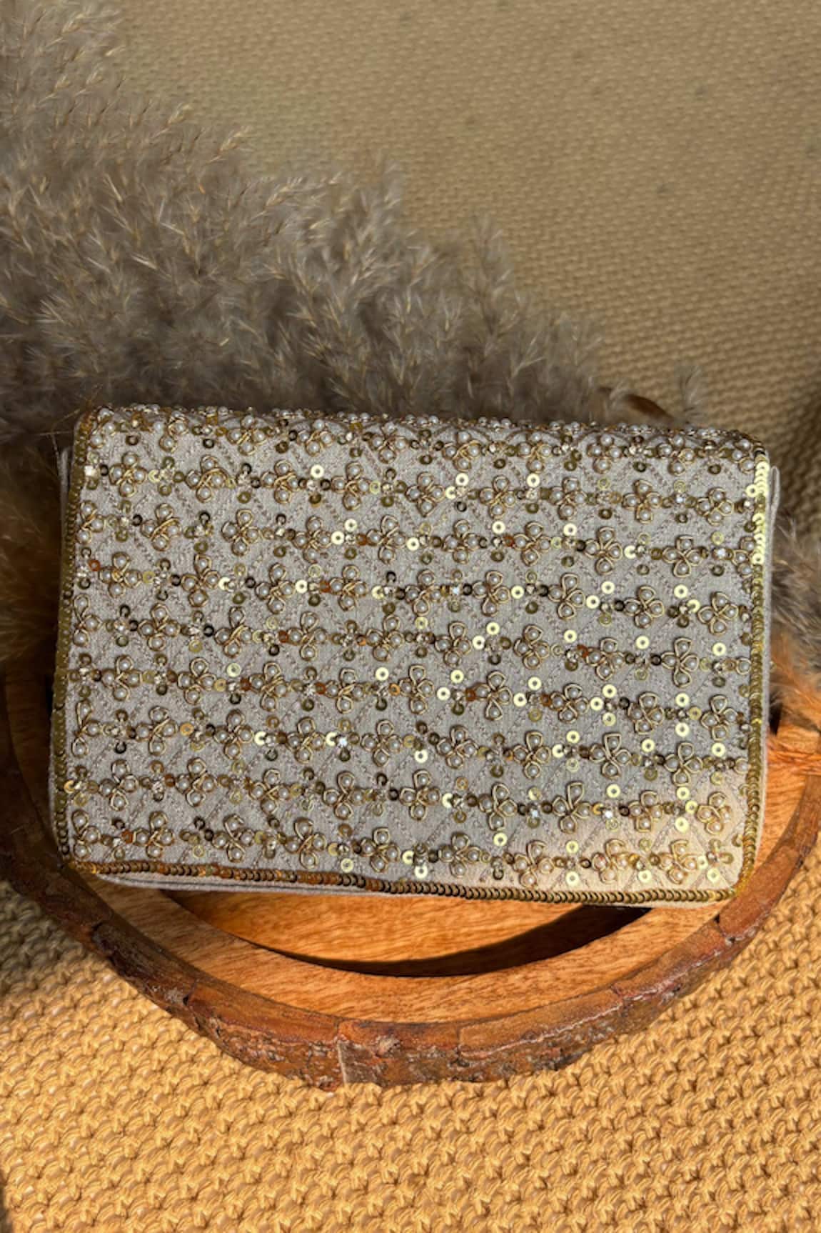 Fuchsia by aashaka mehta Gold Sequin Embellished Clutch With Sling 