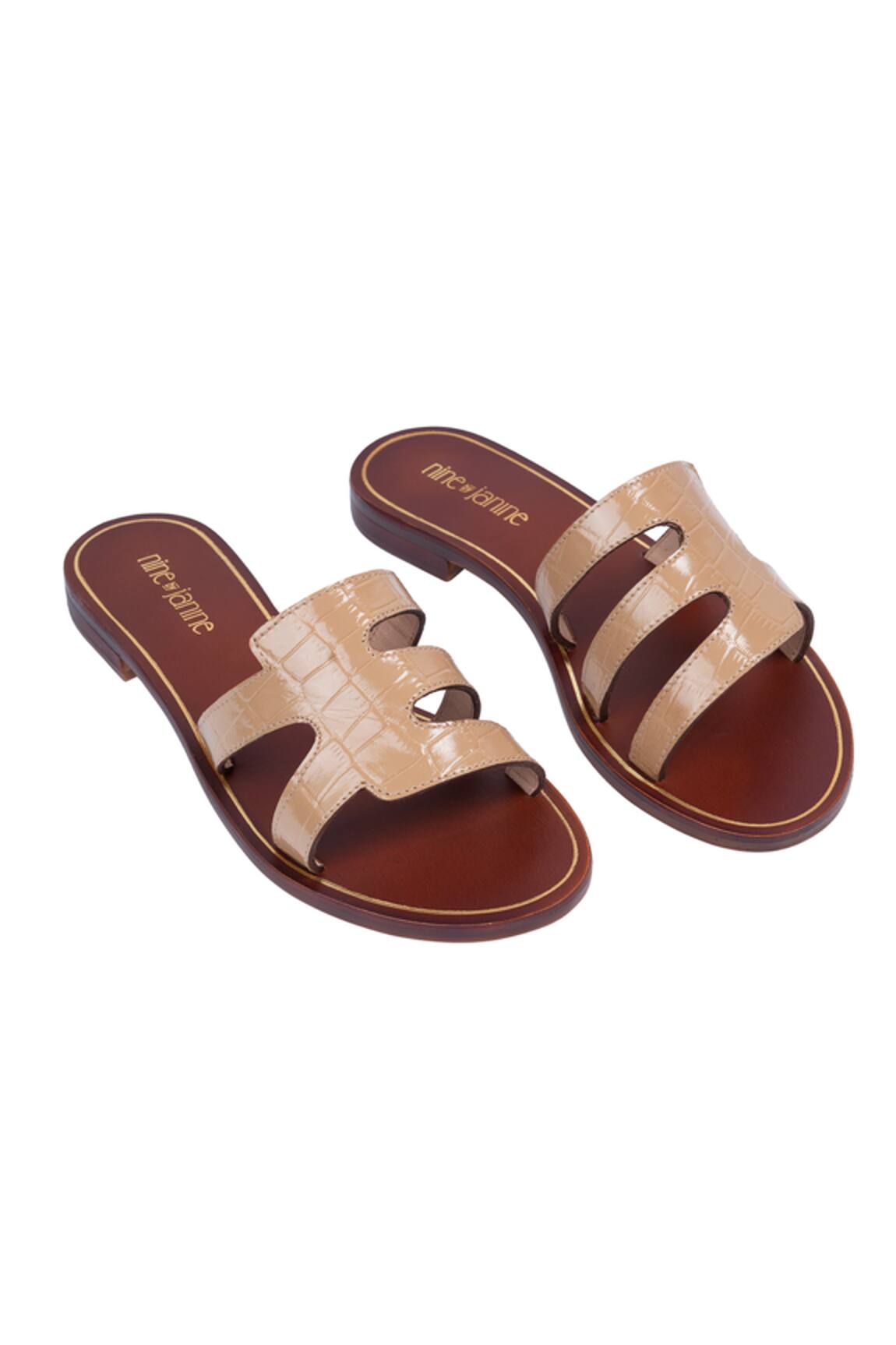 Nine By Janine Beige Croco Embossed Slide Flats 