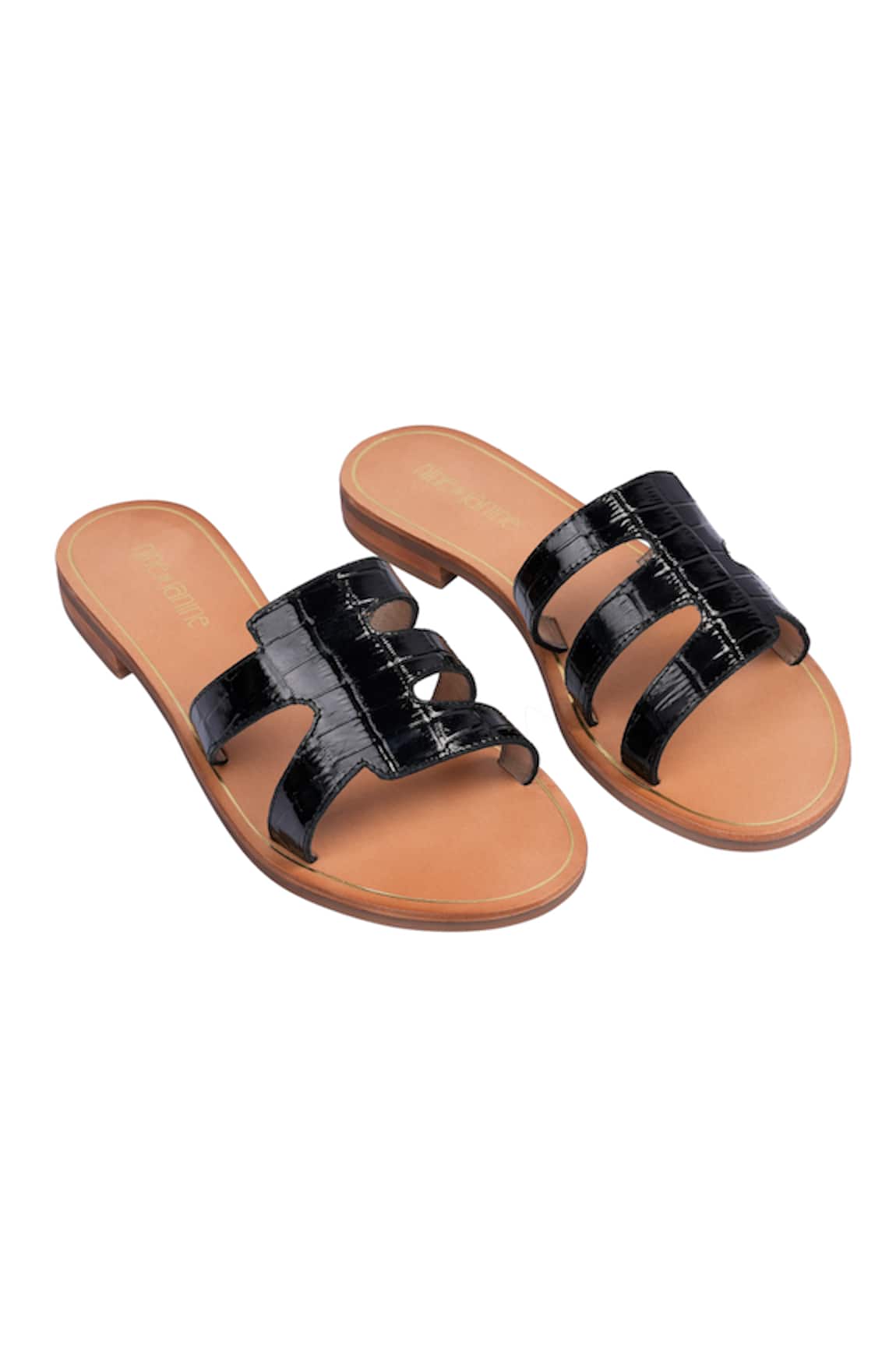 Nine By Janine Black Croco Embossed Slide Sandals 