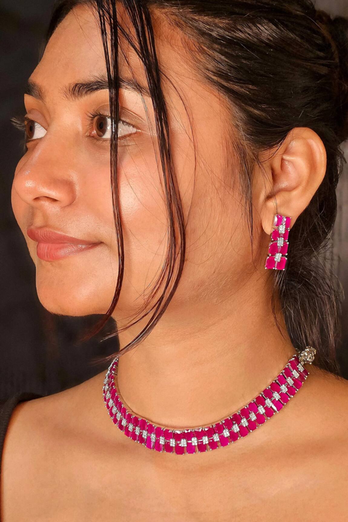 kavipushp Elegant Pink Fancy 2-Layer Necklace Set 
