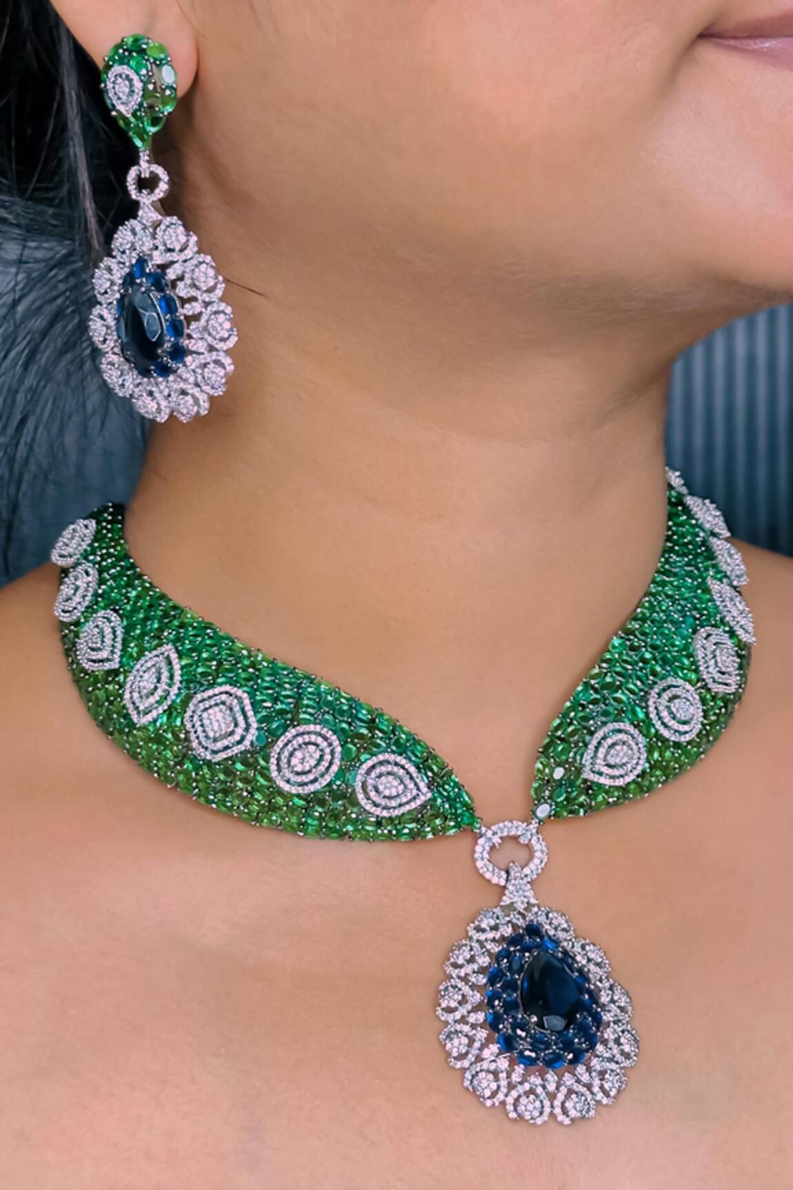 kavipushp CZ Green Stone Choker Necklace Set 