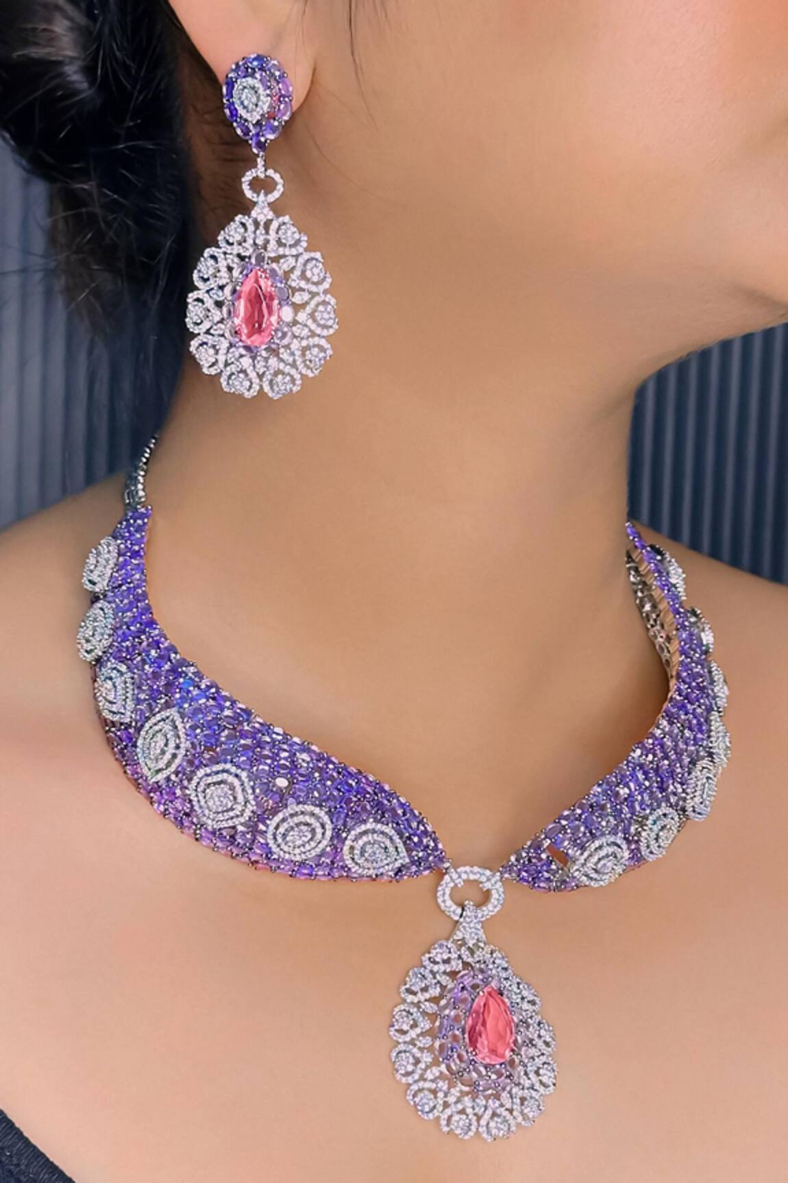 kavipushp CZ Pink Stone Choker Necklace Set 
